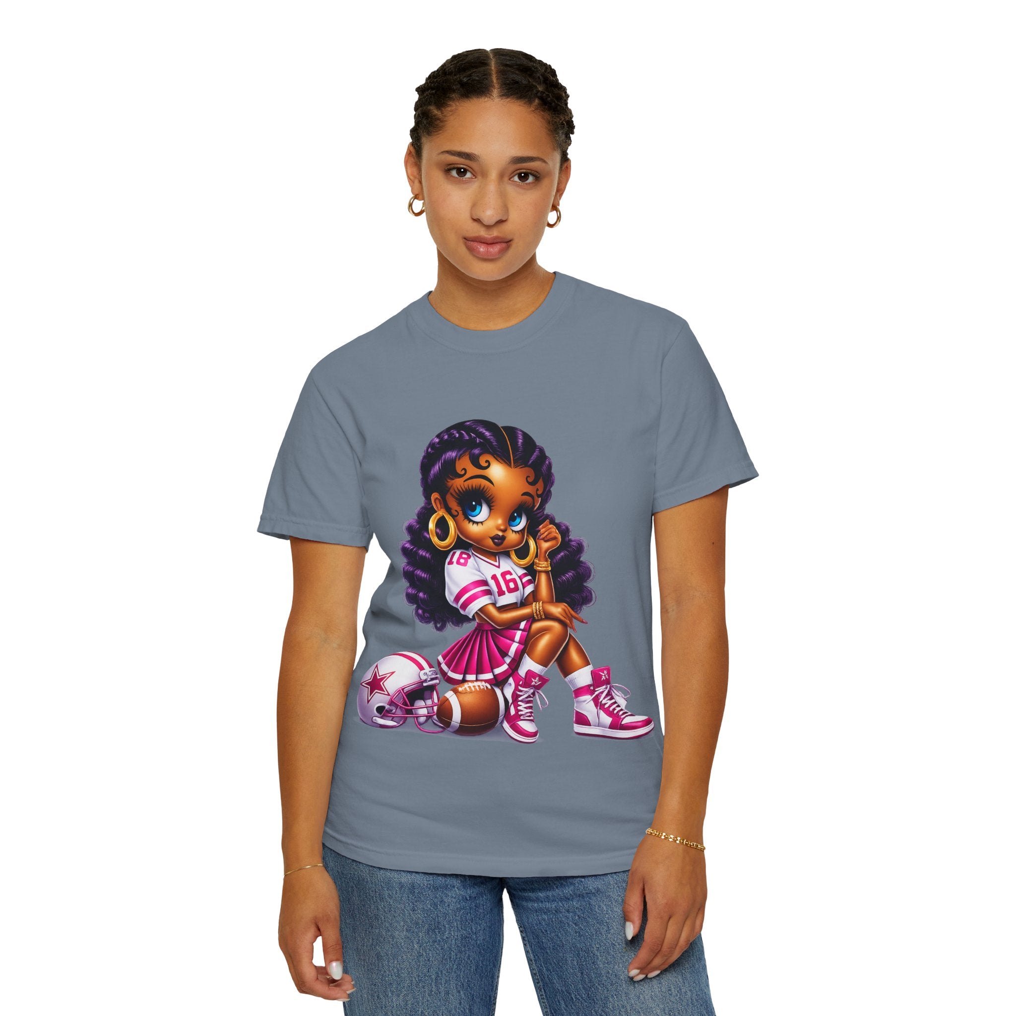 Fuchsia Football Girl Shirt – Cute Black Girl Sports Graphic Tee, Pink Cheerleader Outfit, Trendy Game Day Women’s Shirt, Girly Athlete T-Shirt