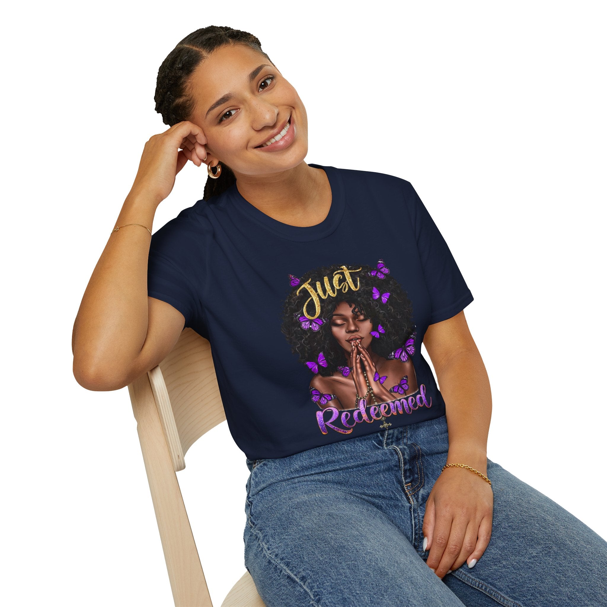 Redeemed Christian Afro Woman T-Shirt – Faith-Based Butterfly Design, Inspirational Black Woman Graphic Tee, Spiritual Gift for Women