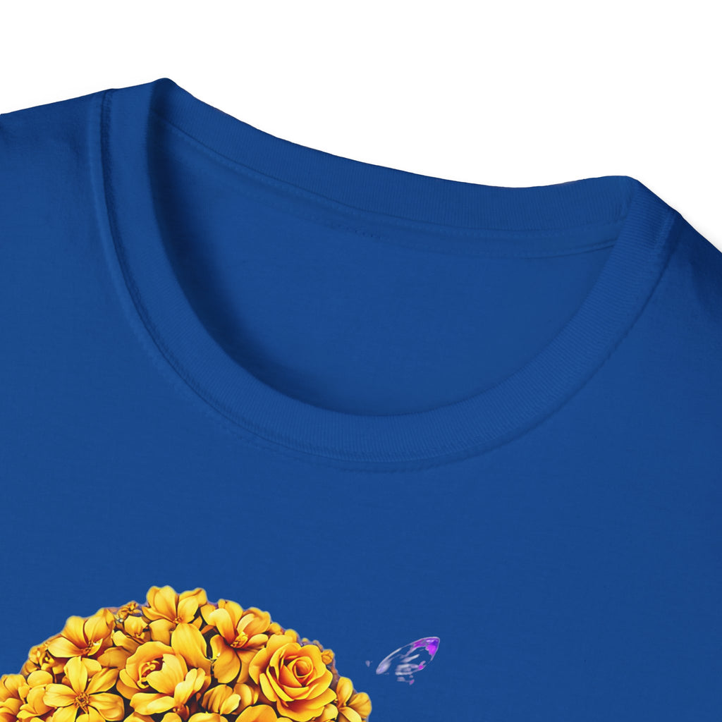 Floral Crown Portrait T-Shirt — Afrocentric Art Tee with Yellow Flower Headwrap