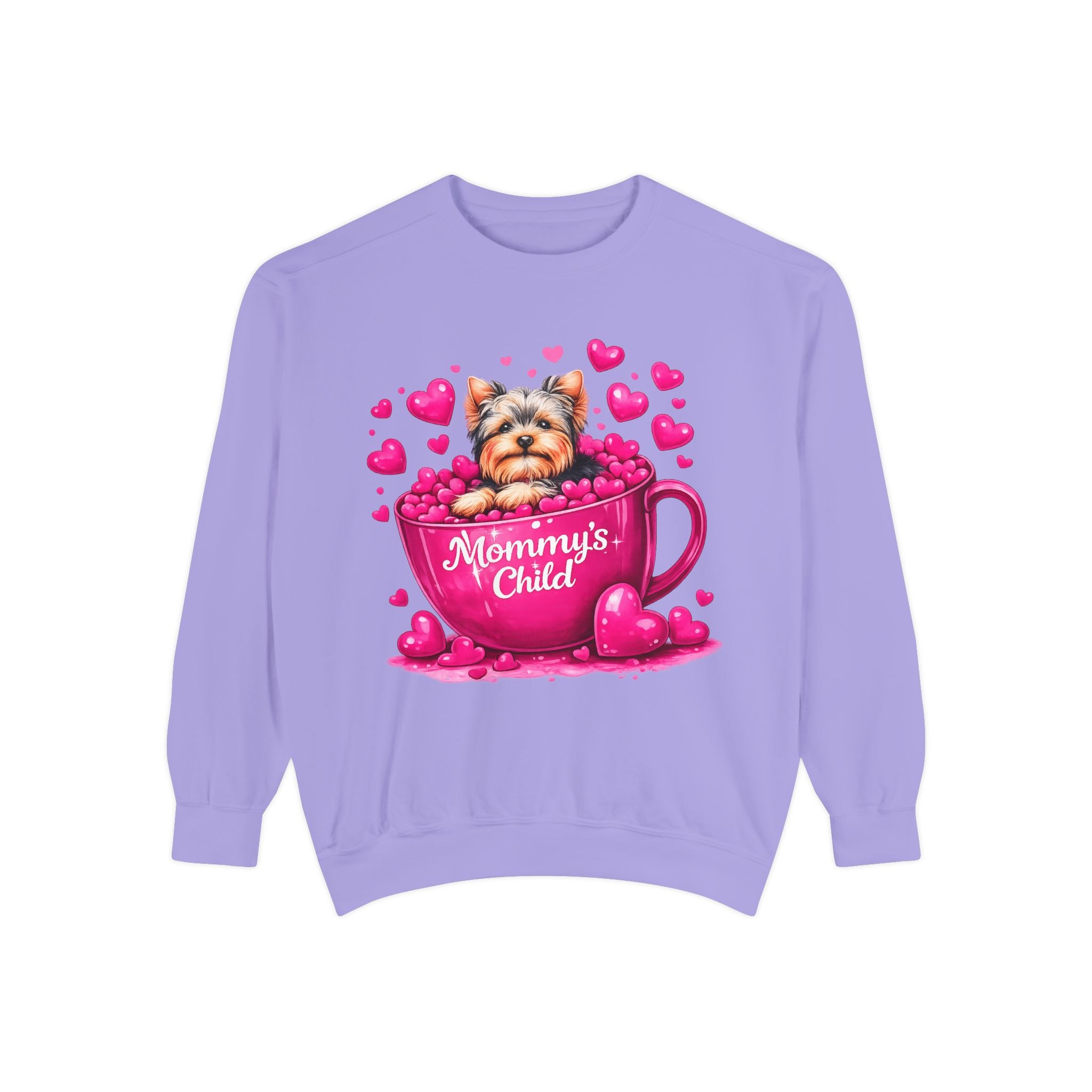 Mommy’s Child Yorkie Shirt – Cute Puppy in Mug Graphic Tee, Dog Lover Gift, Pink Heart Aesthetic, Yorkshire Terrier T-Shirt for Women