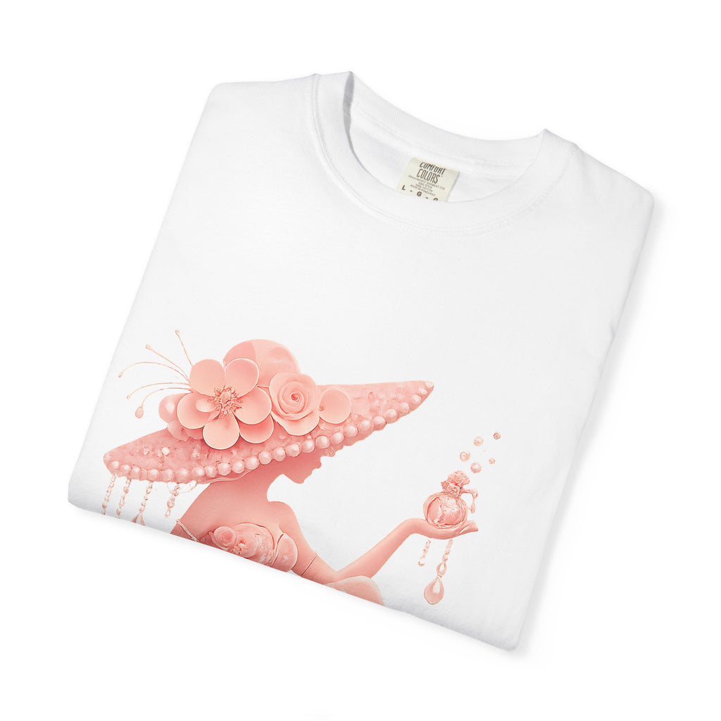 Coquette Floral Lady T-Shirt – Vintage Pink Rose Girl Graphic Tee, Feminine Aesthetic Shirt, Soft Glam Fashion Top for Women