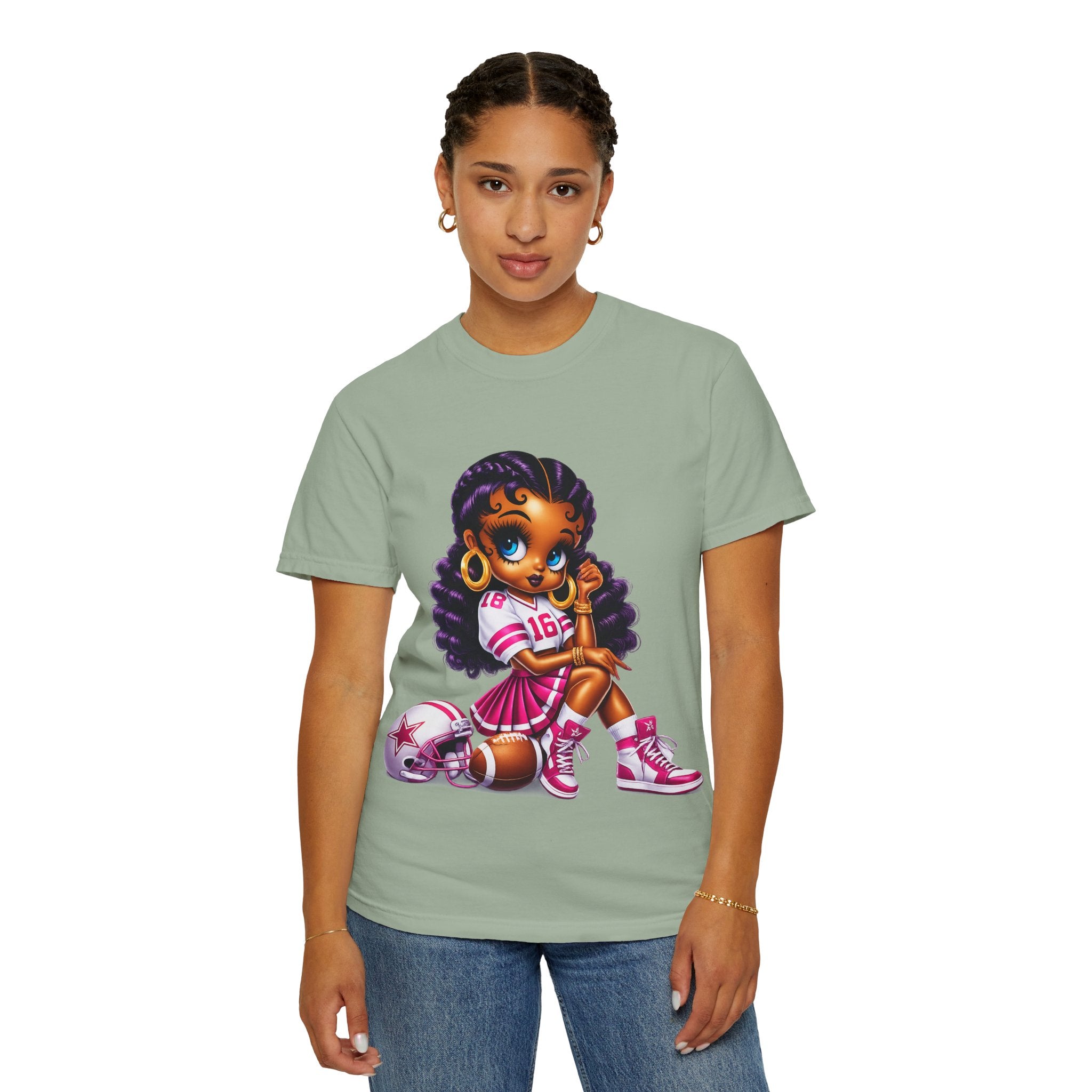 Fuchsia Football Girl Shirt – Cute Black Girl Sports Graphic Tee, Pink Cheerleader Outfit, Trendy Game Day Women’s Shirt, Girly Athlete T-Shirt