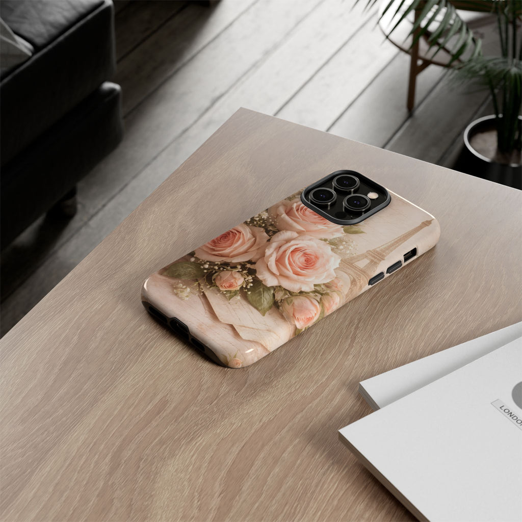 Vintage Parisian Rose Phone Case – Eiffel Tower Floral Aesthetic Luxury iPhone Case, Romantic Antique Paris Phone Cover