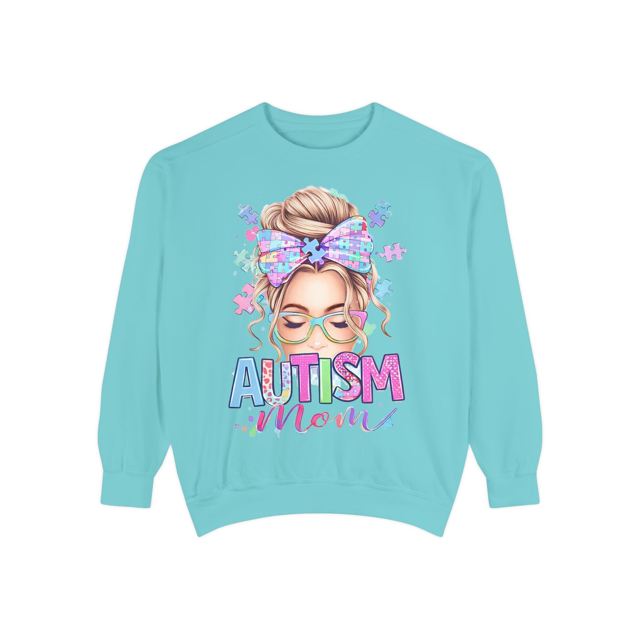 Autism Mom Sweatshirt — Puzzle-Print Headband & Pastel Logo Crewneck