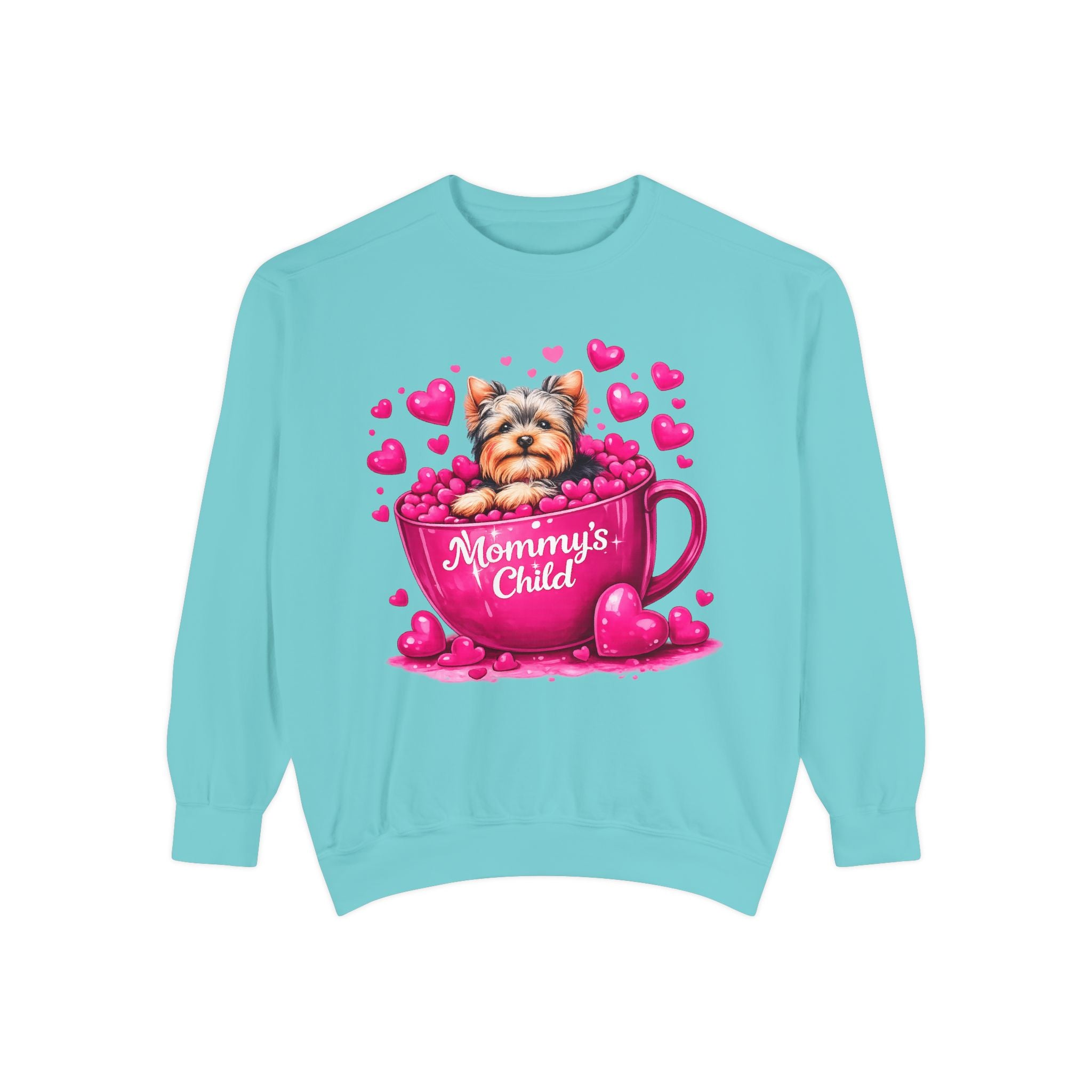 Mommy’s Child Yorkie Shirt – Cute Puppy in Mug Graphic Tee, Dog Lover Gift, Pink Heart Aesthetic, Yorkshire Terrier T-Shirt for Women