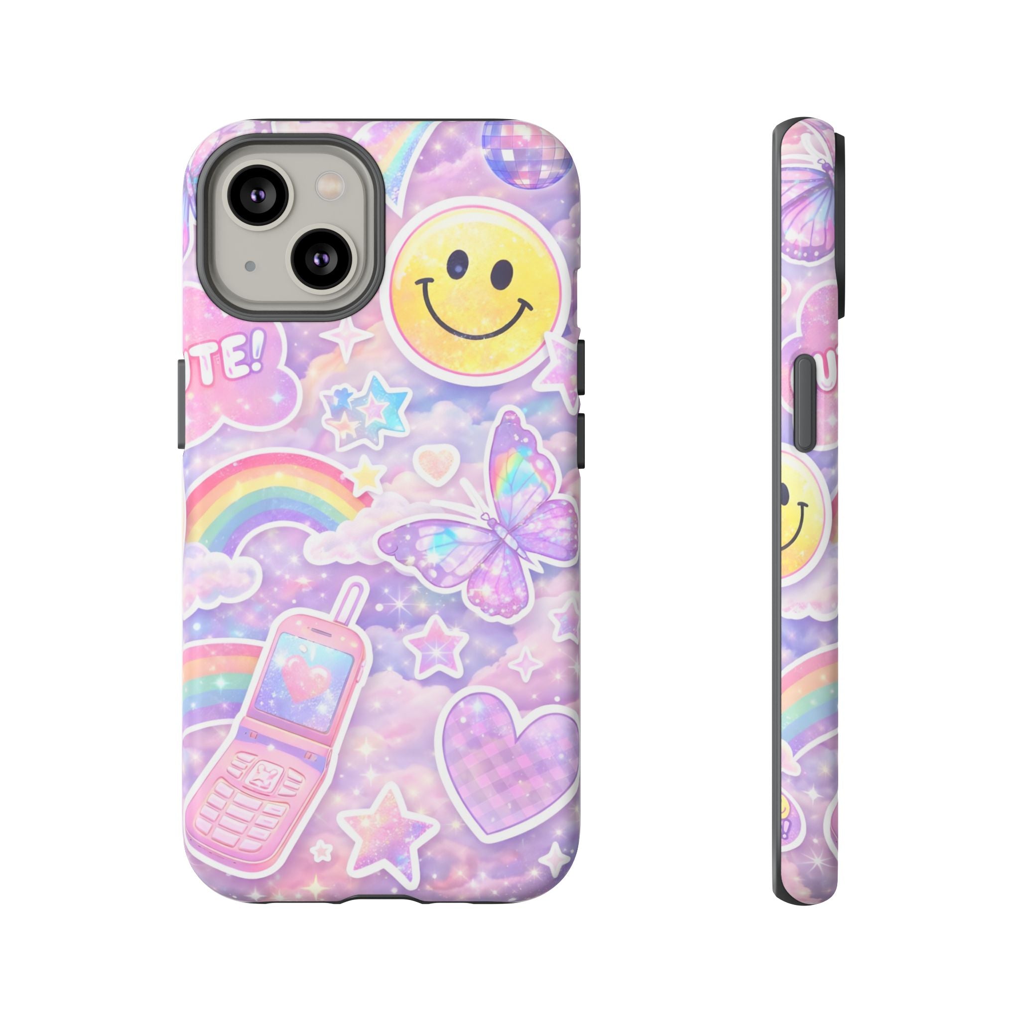 Pastel Y2K Tough Case — Cute Smiley, Rainbow & Butterfly Phone Case