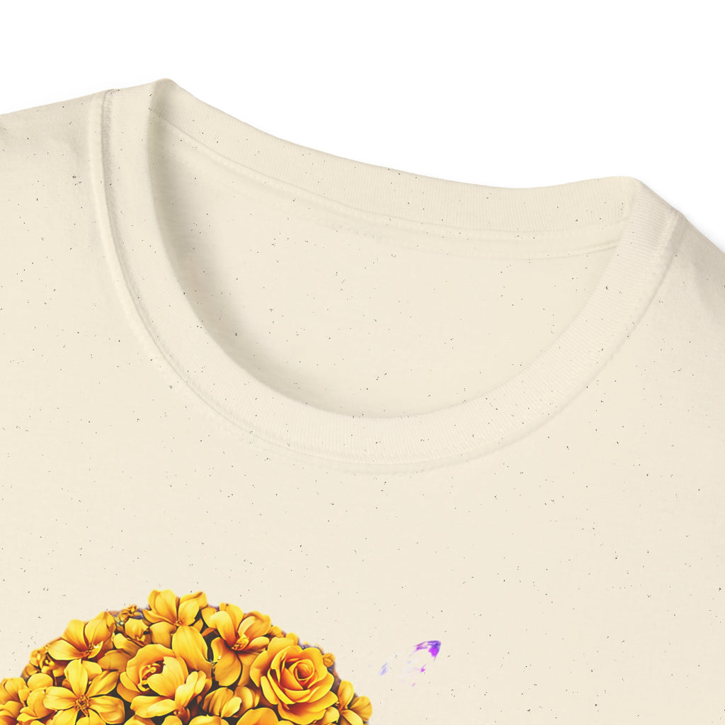 Floral Crown Portrait T-Shirt — Afrocentric Art Tee with Yellow Flower Headwrap