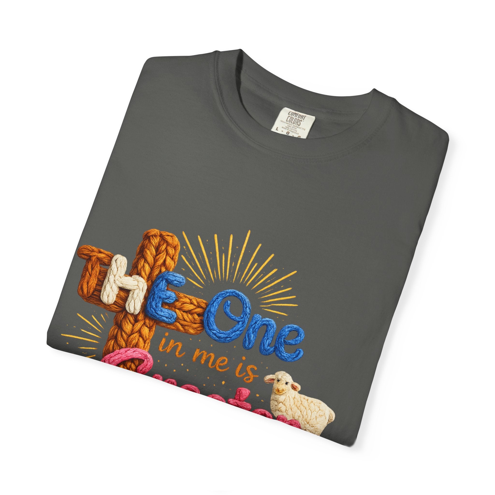 The One in Me Is Greater Shirt – Christian Crochet Style Graphic Tee, Faith Based Inspirational Bible Verse Shirt, Cute Religious Gift for Women