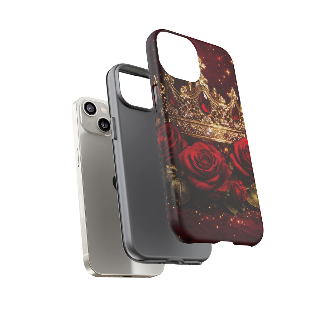 Royal Crown & Red Rose Luxury Phone Case – Gold Crown Burgundy Aesthetic iPhone Case, Regal Queen Floral Phone Cover