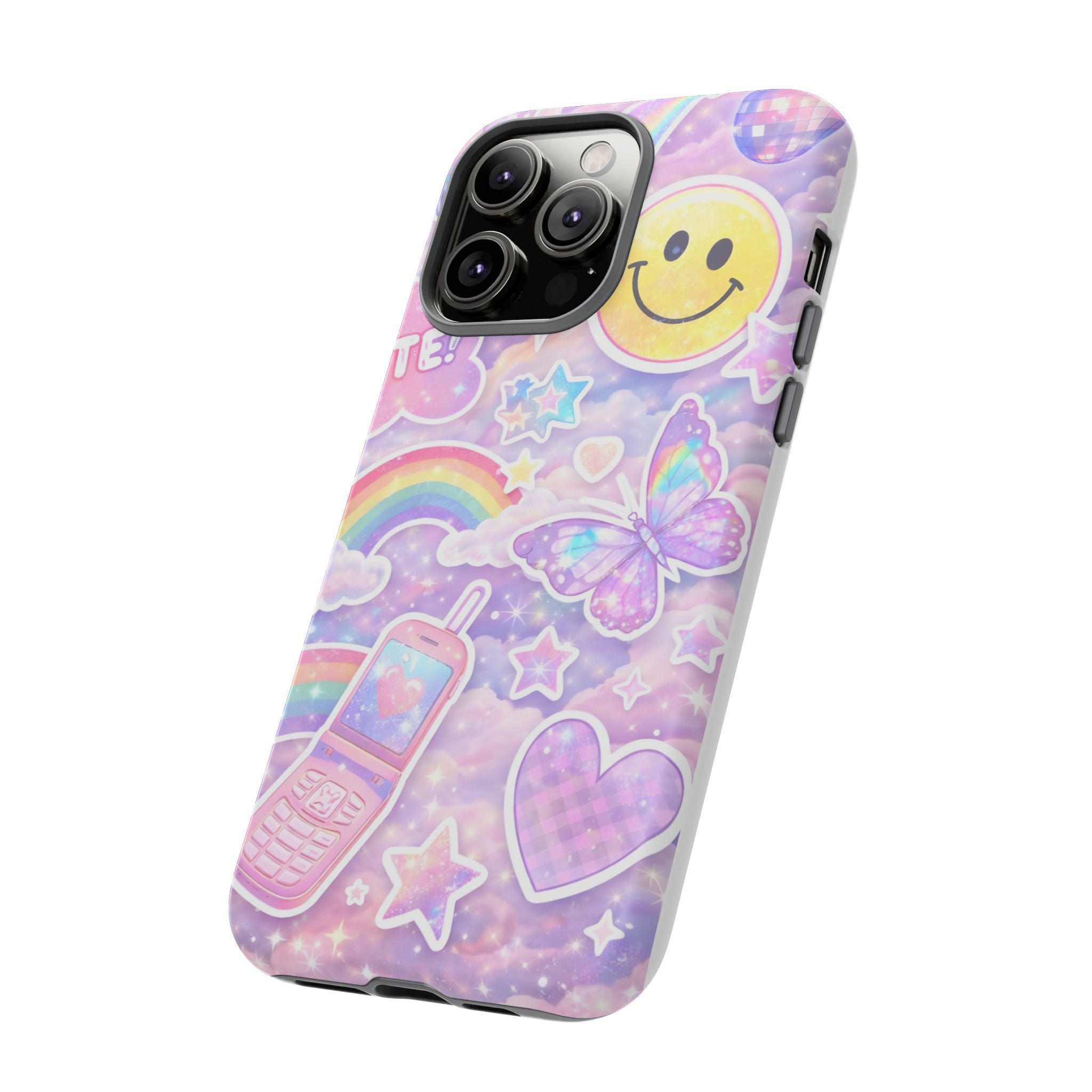 Pastel Y2K Tough Case — Cute Smiley, Rainbow & Butterfly Phone Case