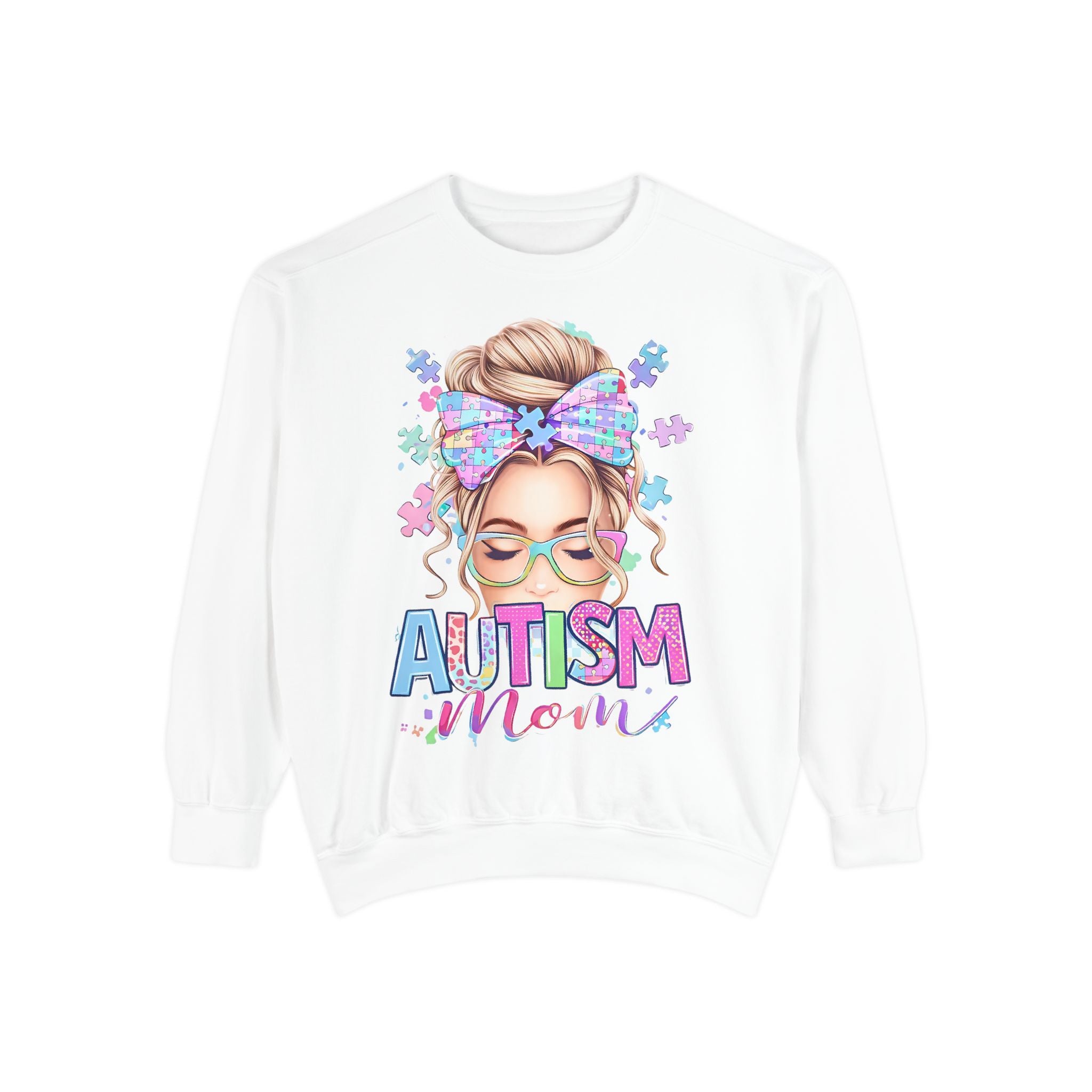 Autism Mom Sweatshirt — Puzzle-Print Headband & Pastel Logo Crewneck