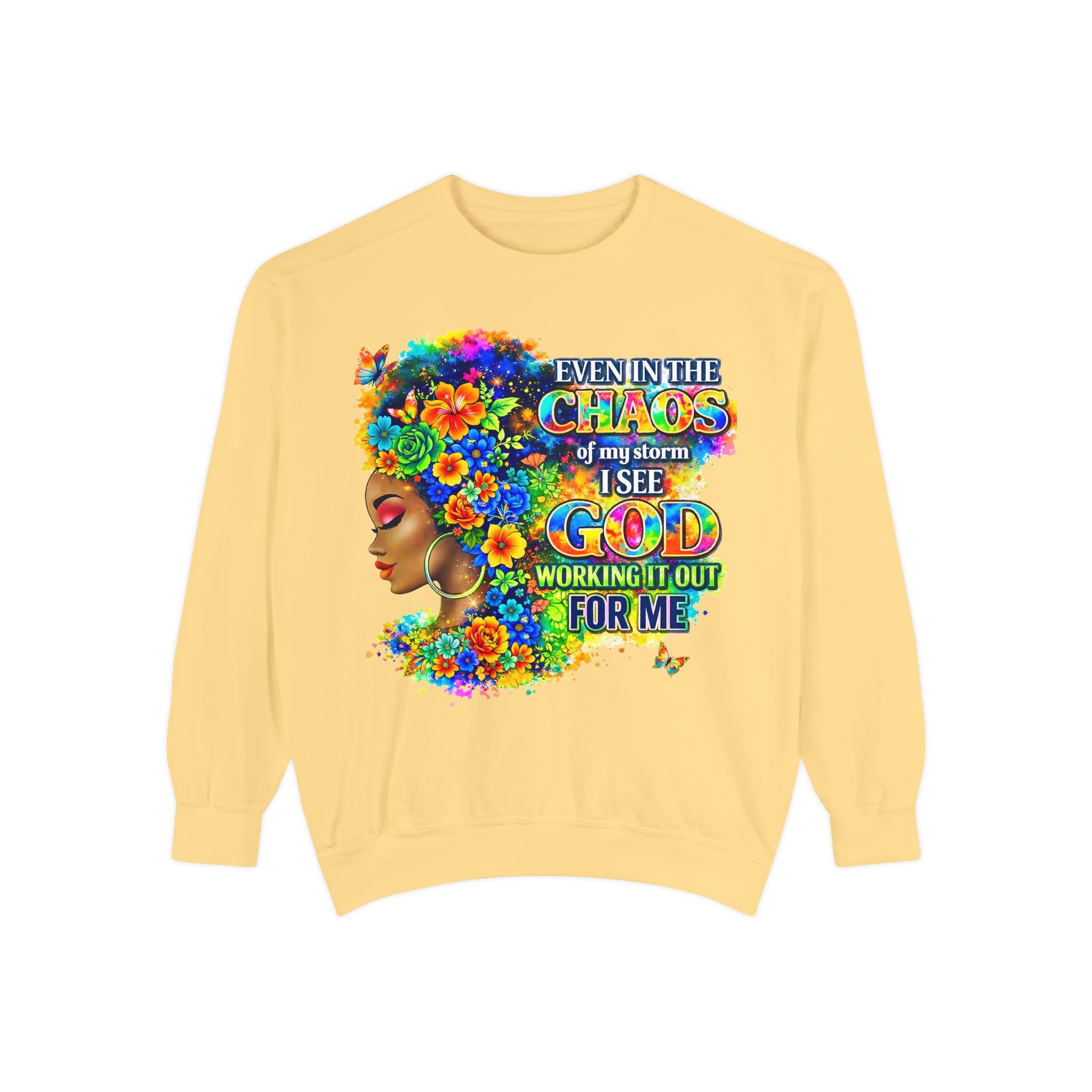 Even In The Midst I See God Sweatshirt – Faith-Based Floral Graphic Crewneck, Inspirational Christian Women’s Sweatshirt, Purple & Gold Aesthetic