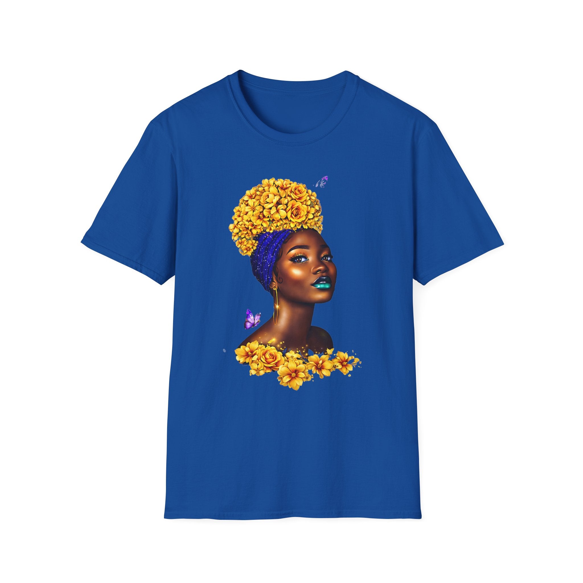 Floral Crown Portrait T-Shirt — Afrocentric Art Tee with Yellow Flower Headwrap