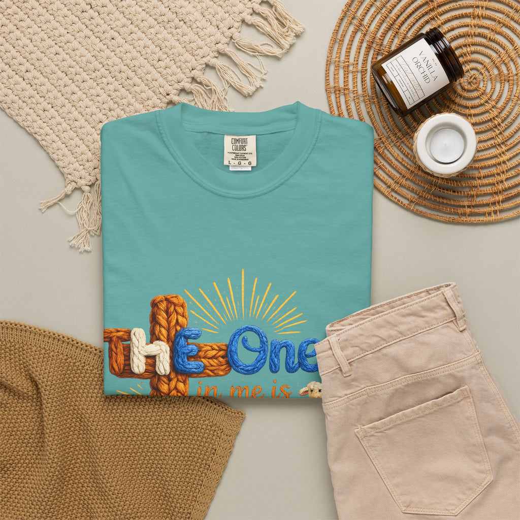 The One in Me Is Greater Shirt – Christian Crochet Style Graphic Tee, Faith Based Inspirational Bible Verse Shirt, Cute Religious Gift for Women
