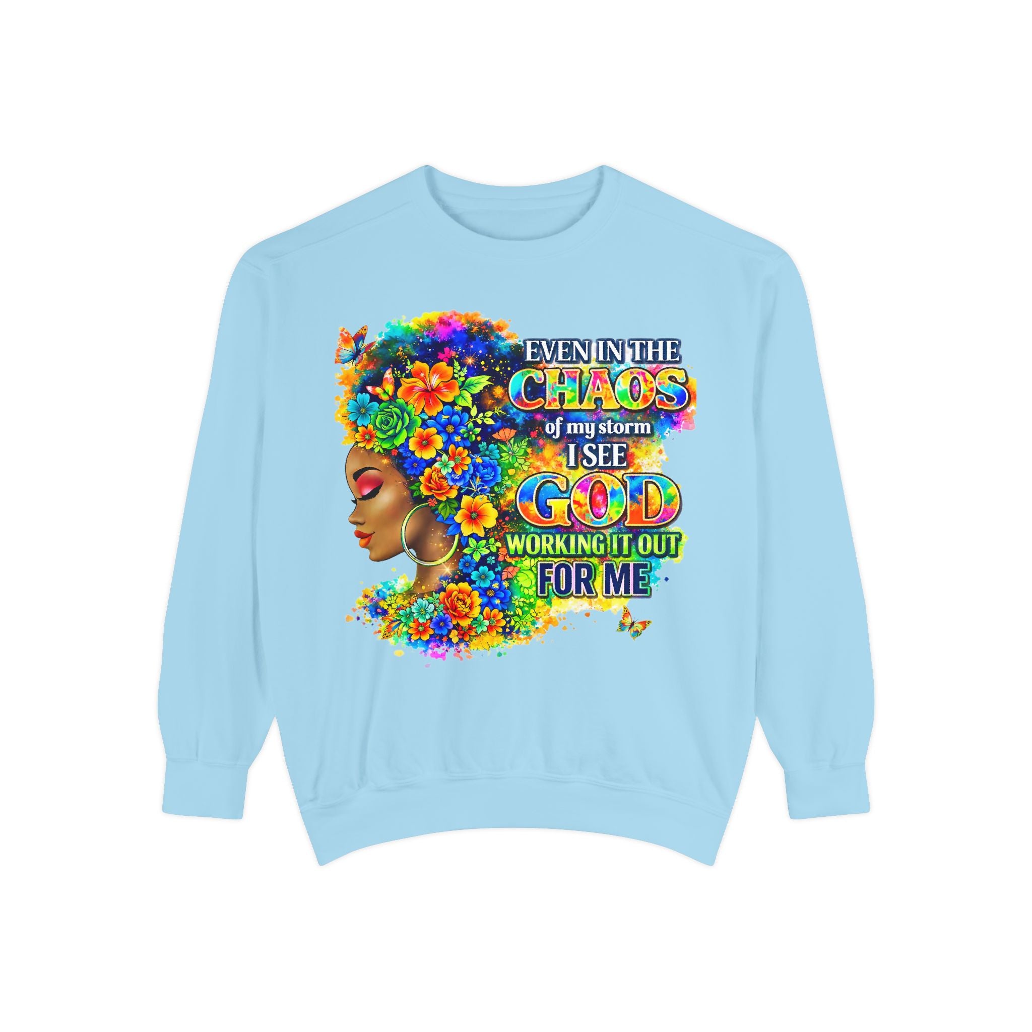Even In The Midst I See God Sweatshirt – Faith-Based Floral Graphic Crewneck, Inspirational Christian Women’s Sweatshirt, Purple & Gold Aesthetic