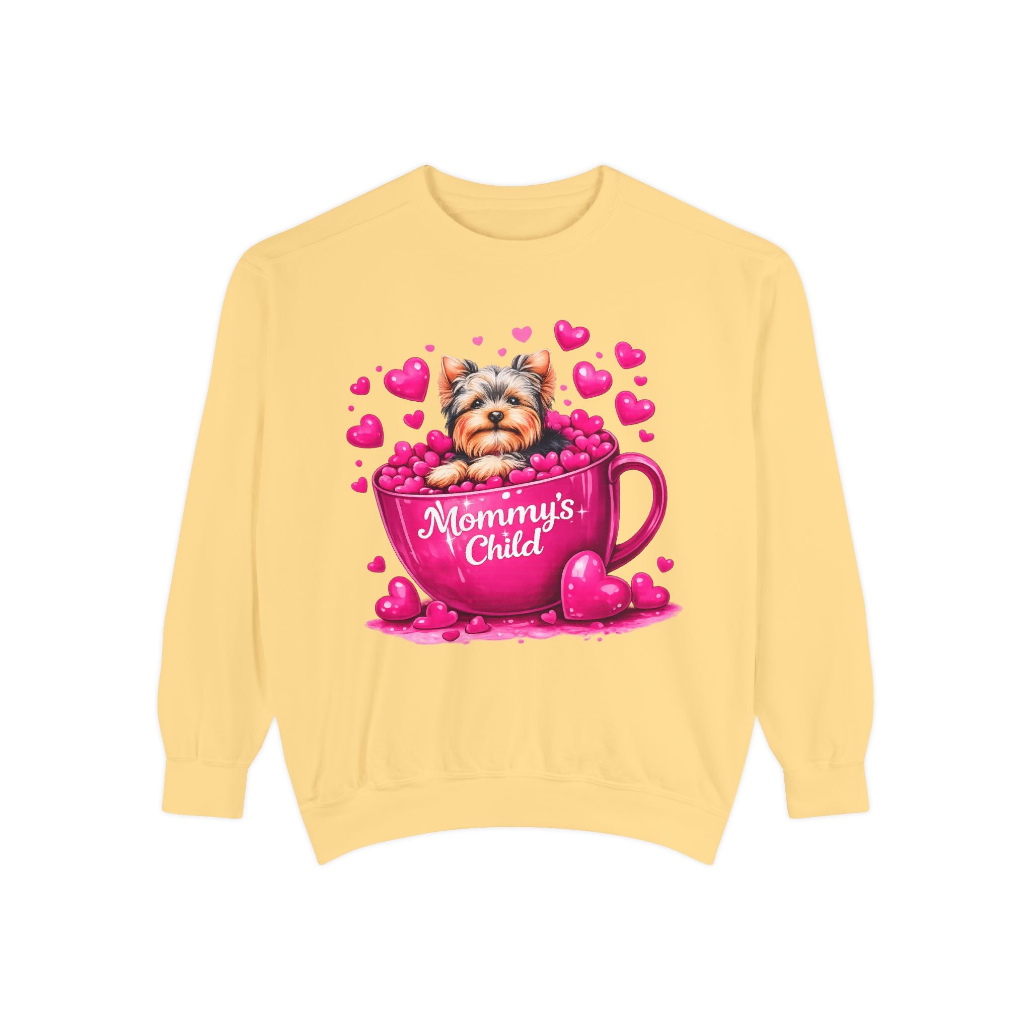 Mommy’s Child Yorkie Shirt – Cute Puppy in Mug Graphic Tee, Dog Lover Gift, Pink Heart Aesthetic, Yorkshire Terrier T-Shirt for Women