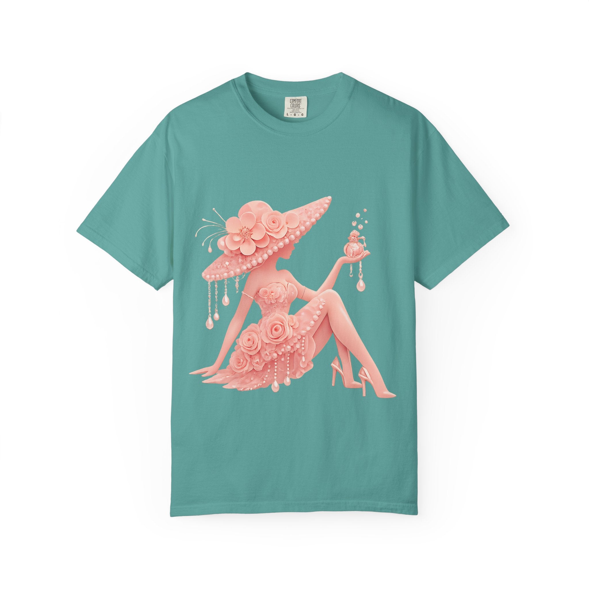 Coquette Floral Lady T-Shirt – Vintage Pink Rose Girl Graphic Tee, Feminine Aesthetic Shirt, Soft Glam Fashion Top for Women
