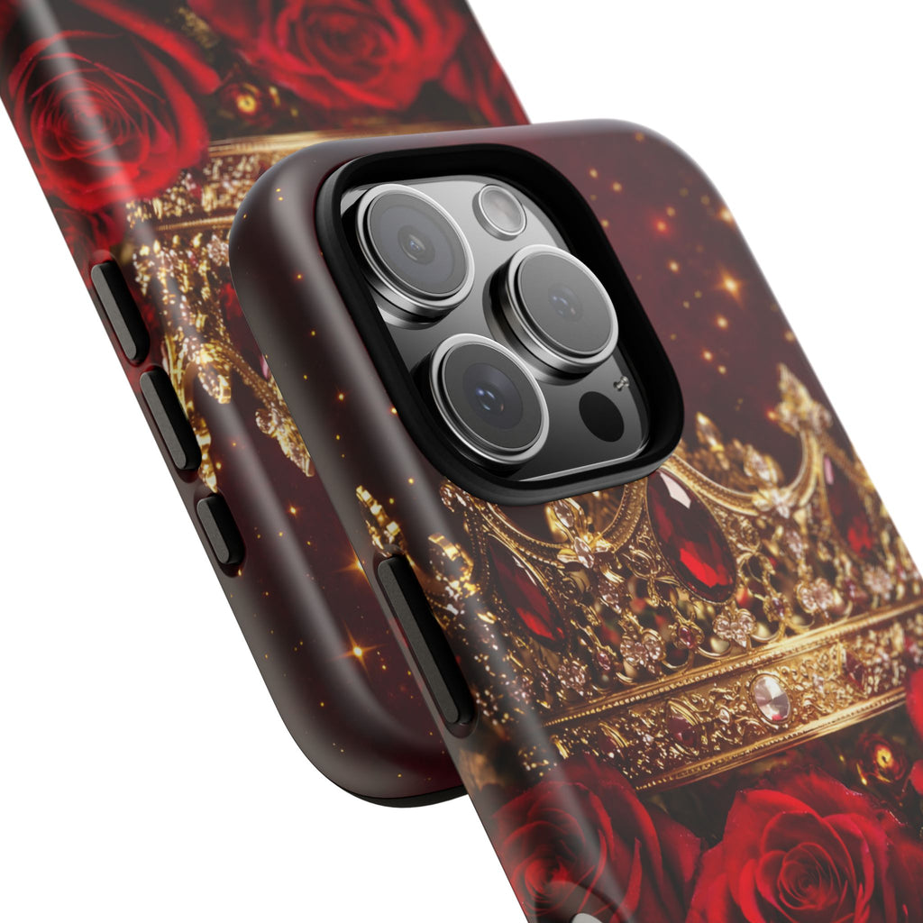 Royal Crown & Red Rose Luxury Phone Case – Gold Crown Burgundy Aesthetic iPhone Case, Regal Queen Floral Phone Cover