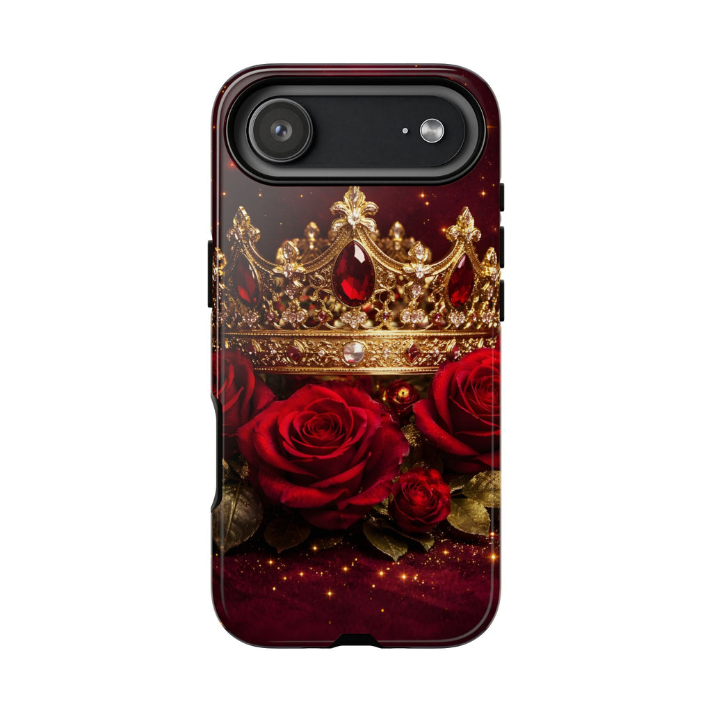 Royal Crown & Red Rose Luxury Phone Case – Gold Crown Burgundy Aesthetic iPhone Case, Regal Queen Floral Phone Cover