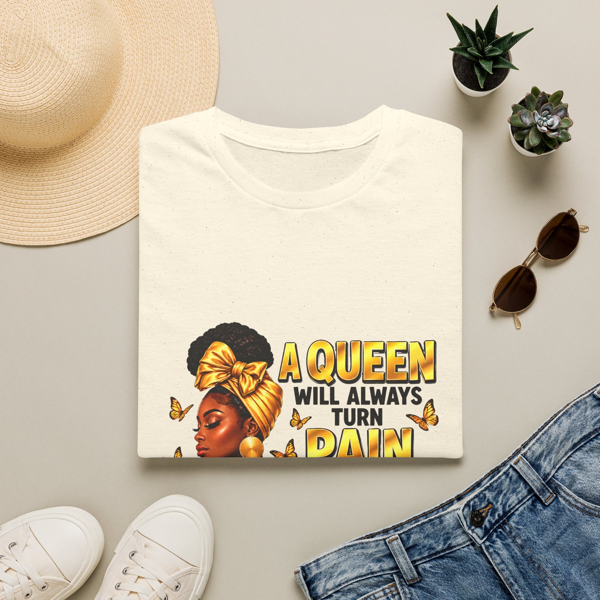 A Queen Turns Pain Into Power Shirt, Black Woman Empowerment T-Shirt, Gold Butterfly Queen Graphic Tee