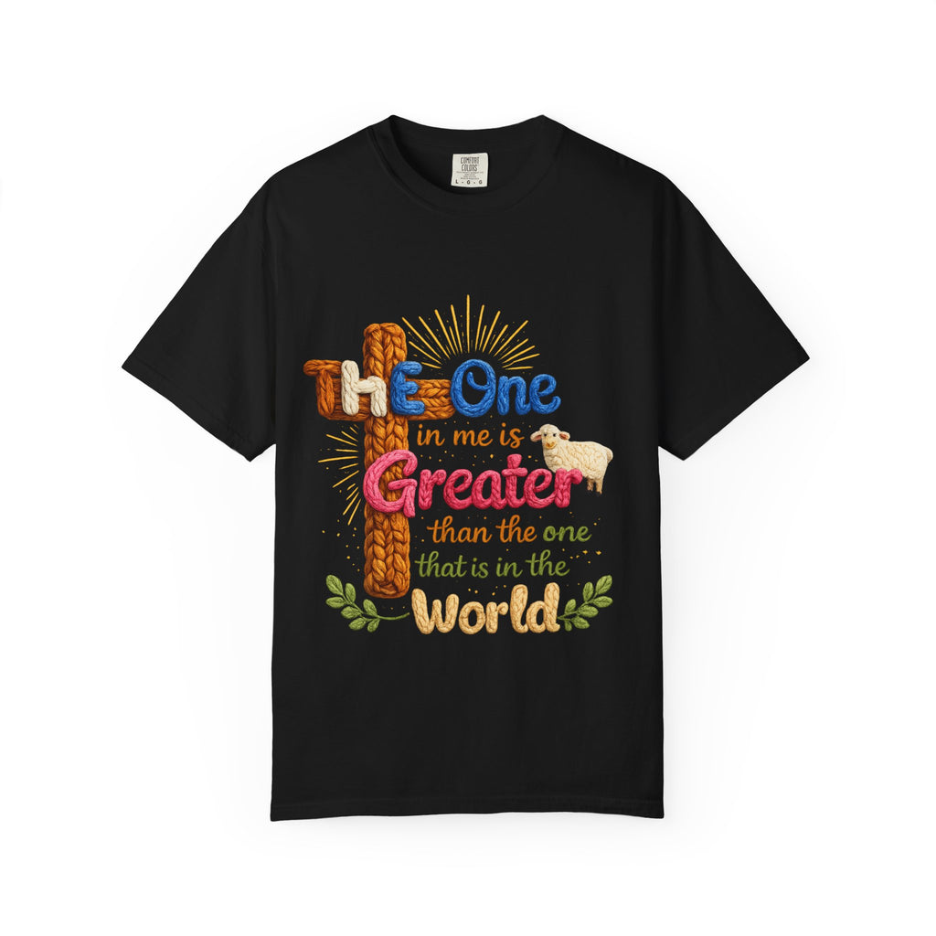 The One in Me Is Greater Shirt – Christian Crochet Style Graphic Tee, Faith Based Inspirational Bible Verse Shirt, Cute Religious Gift for Women
