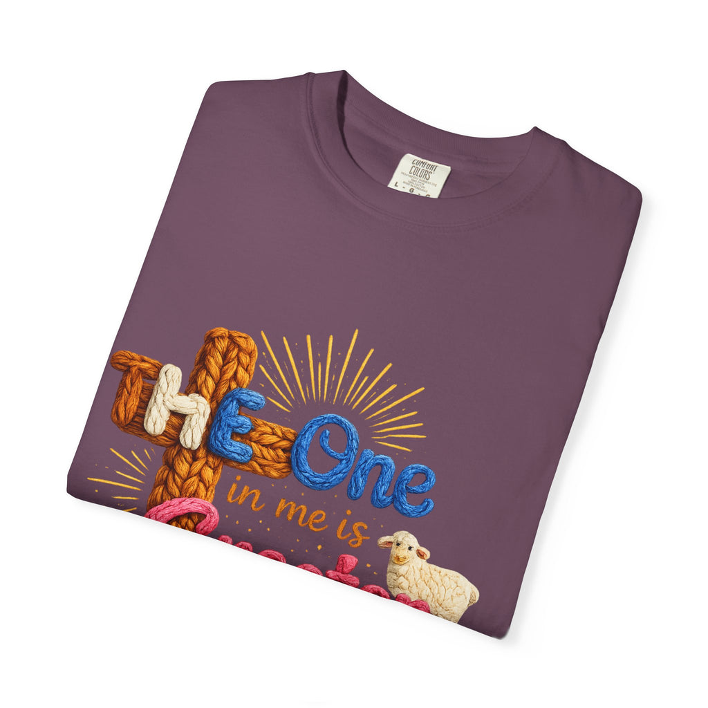 The One in Me Is Greater Shirt – Christian Crochet Style Graphic Tee, Faith Based Inspirational Bible Verse Shirt, Cute Religious Gift for Women