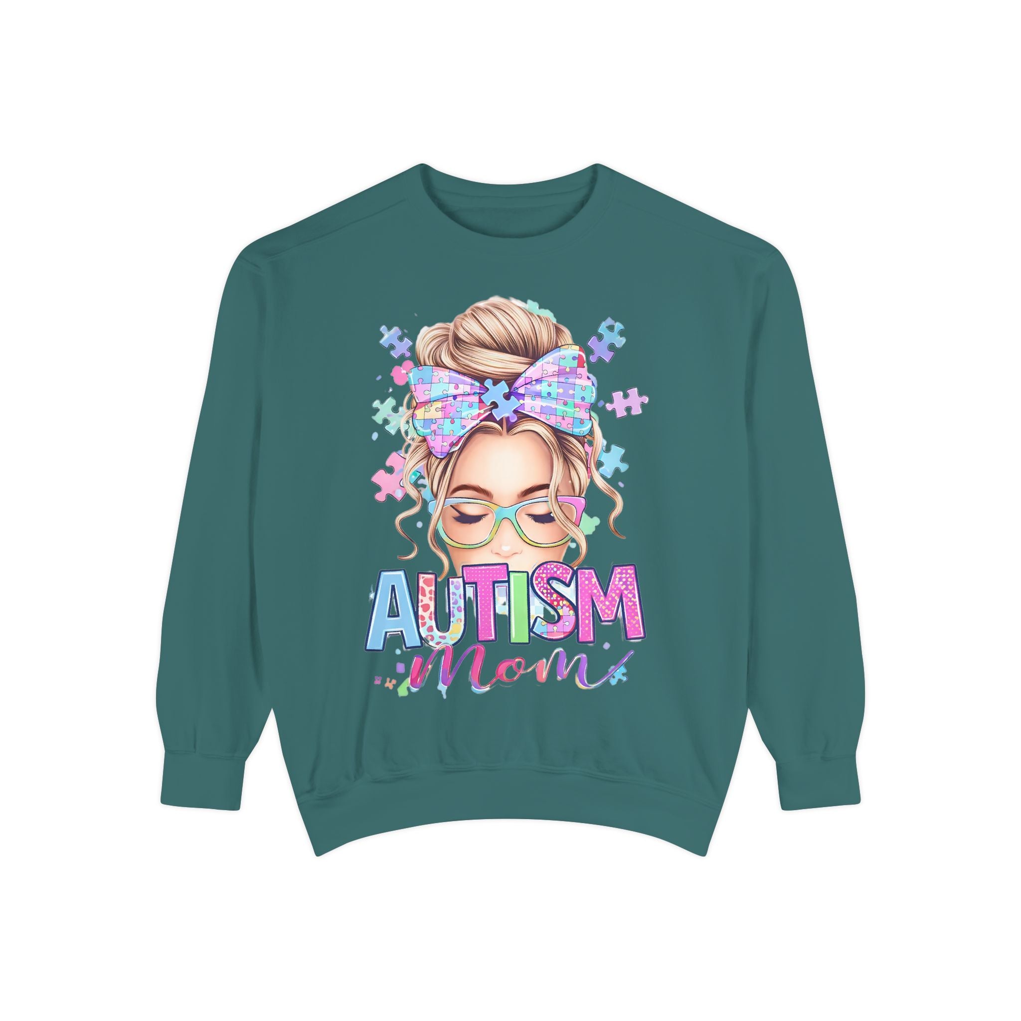 Autism Mom Sweatshirt — Puzzle-Print Headband & Pastel Logo Crewneck