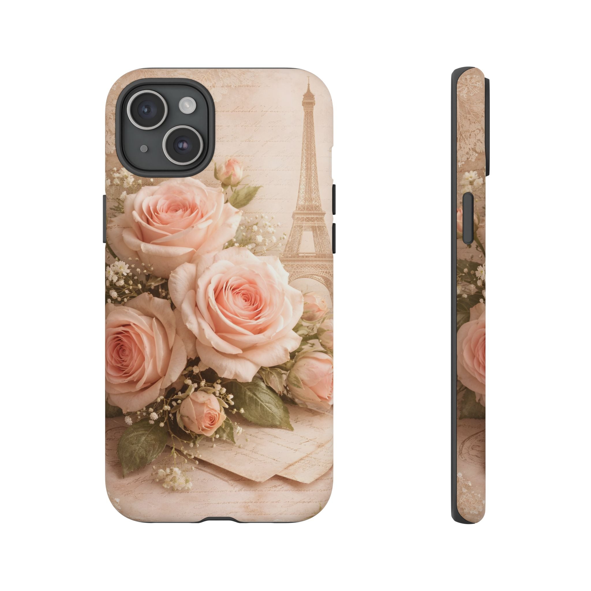Vintage Parisian Rose Phone Case – Eiffel Tower Floral Aesthetic Luxury iPhone Case, Romantic Antique Paris Phone Cover
