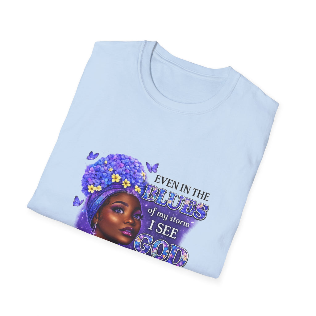 Inspirational Black Woman T-Shirt — "Even in the Darkness I See God Working for Me" Floral Portrait