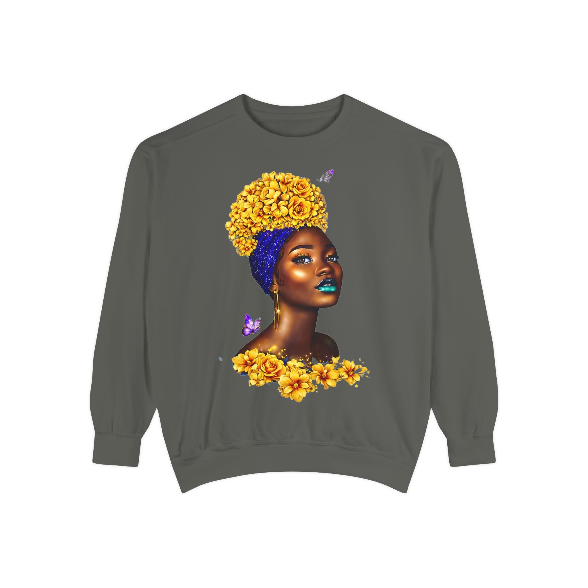 Floral Crown Afro Goddess Sweatshirt — Empowering Black Beauty Crewneck