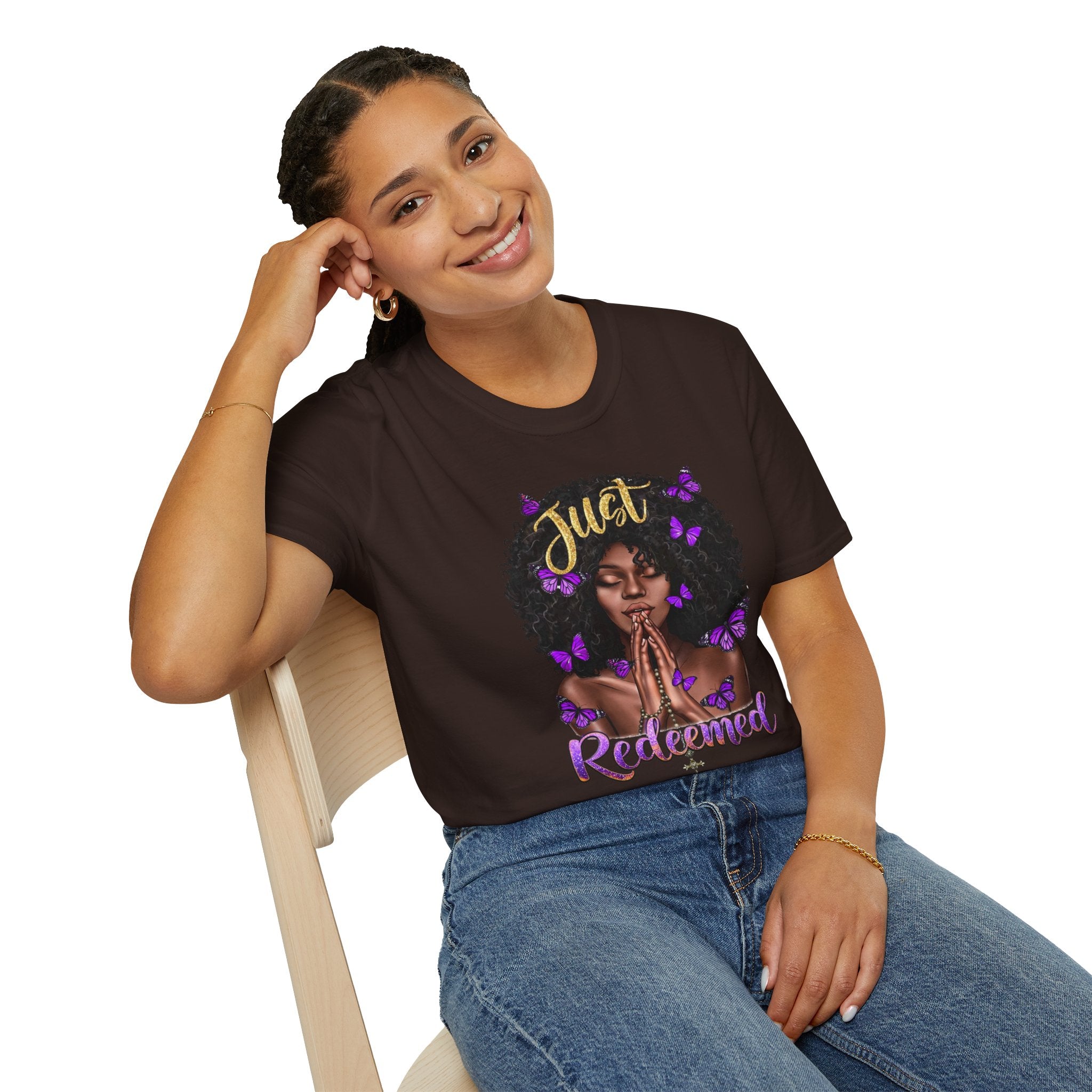 Redeemed Christian Afro Woman T-Shirt – Faith-Based Butterfly Design, Inspirational Black Woman Graphic Tee, Spiritual Gift for Women