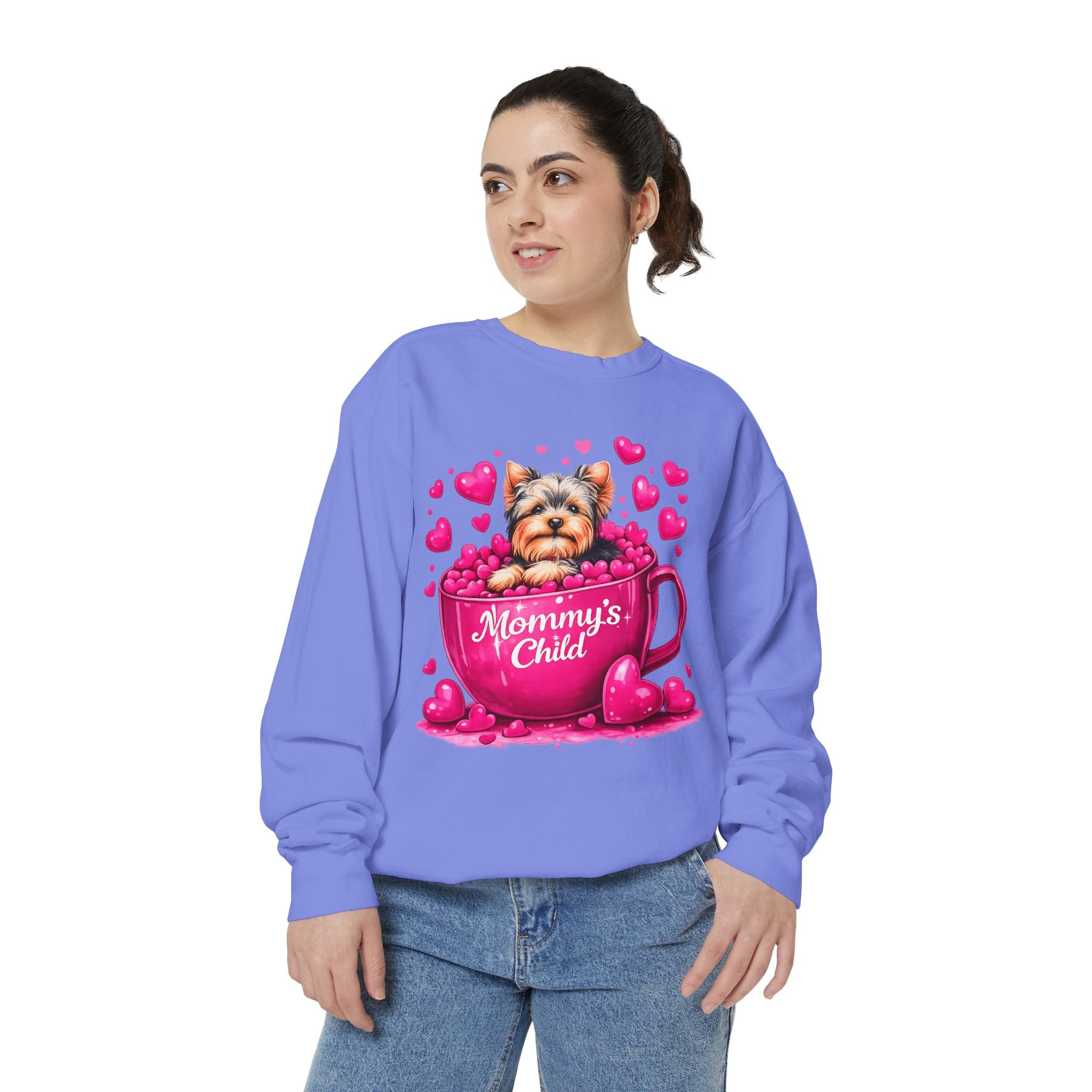 Mommy’s Child Yorkie Shirt – Cute Puppy in Mug Graphic Tee, Dog Lover Gift, Pink Heart Aesthetic, Yorkshire Terrier T-Shirt for Women