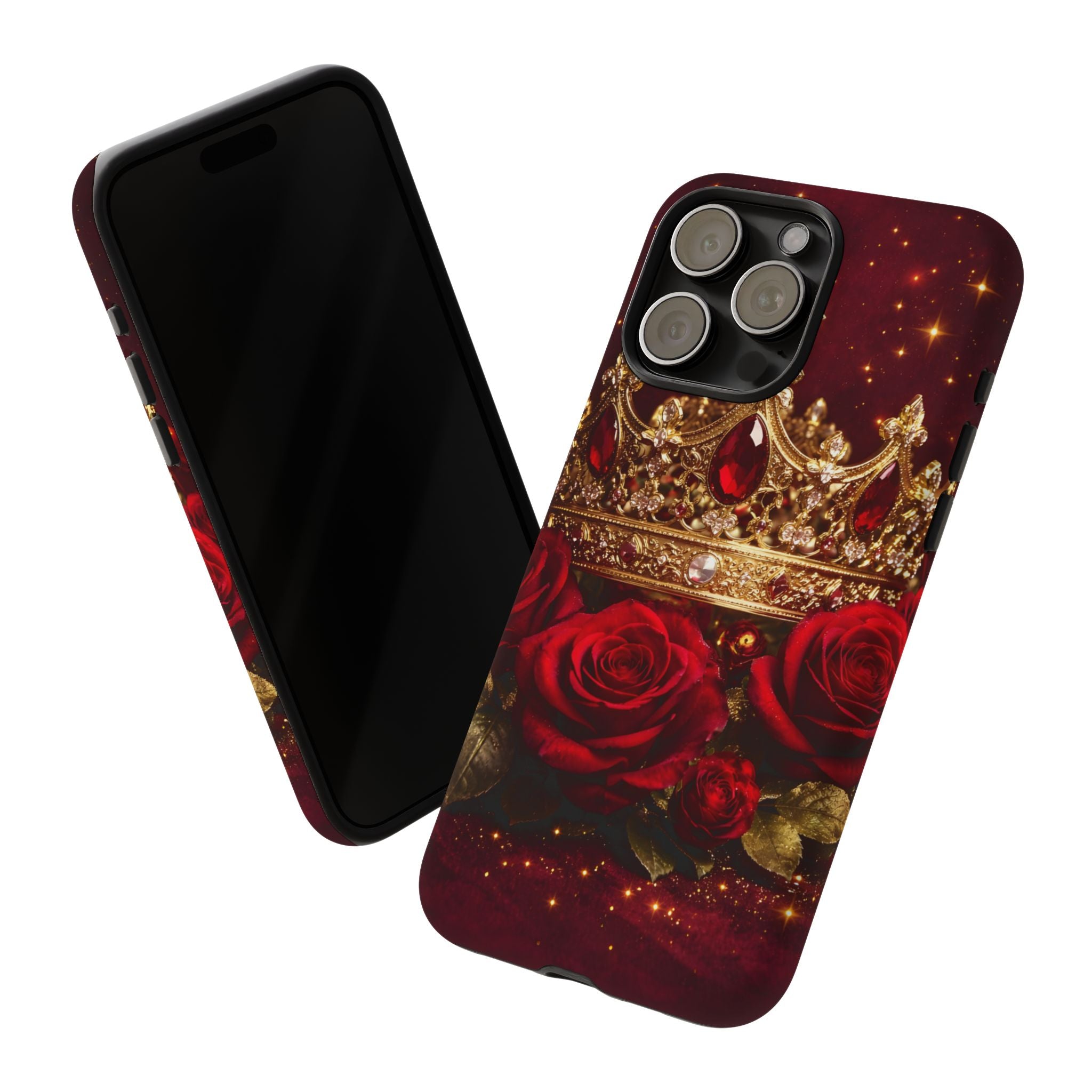 Royal Crown & Red Rose Luxury Phone Case – Gold Crown Burgundy Aesthetic iPhone Case, Regal Queen Floral Phone Cover