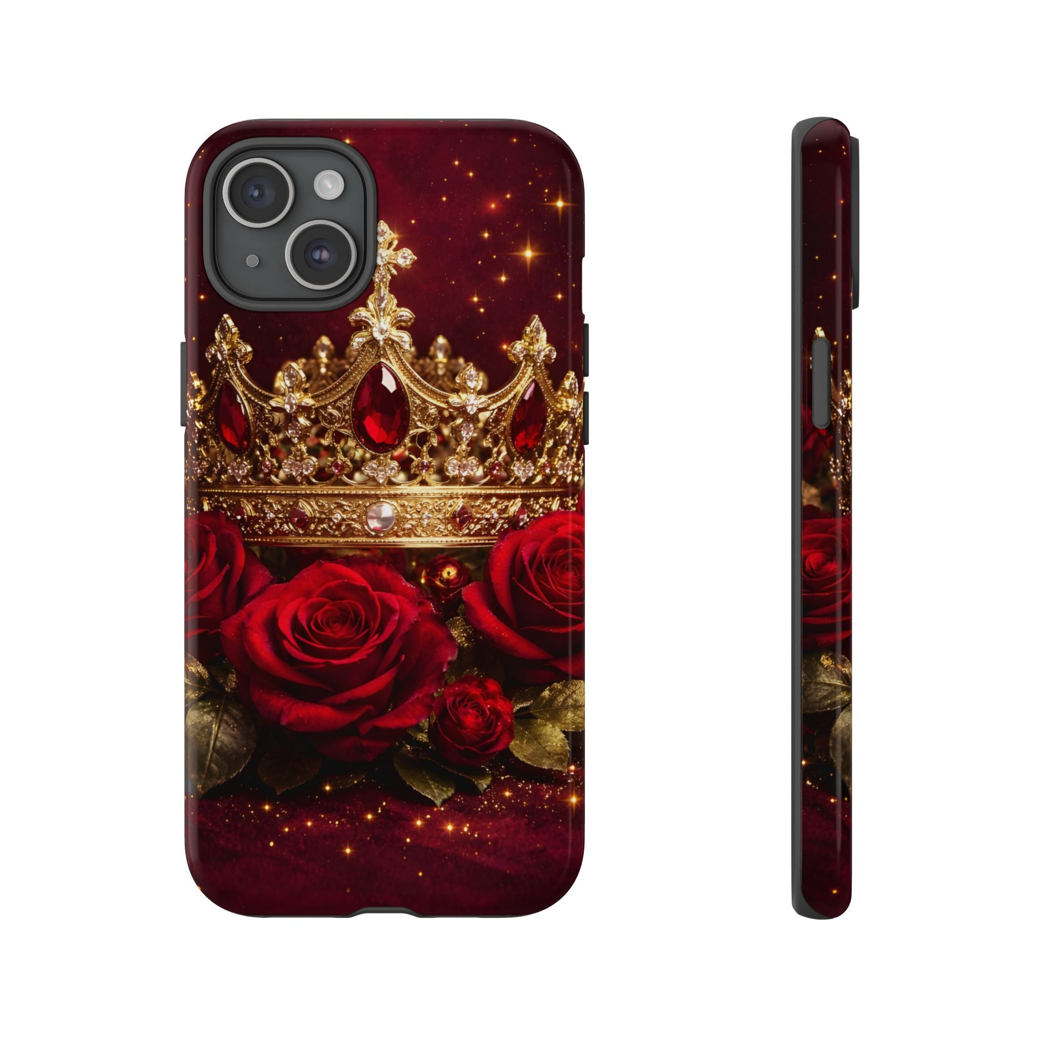 Royal Crown & Red Rose Luxury Phone Case – Gold Crown Burgundy Aesthetic iPhone Case, Regal Queen Floral Phone Cover