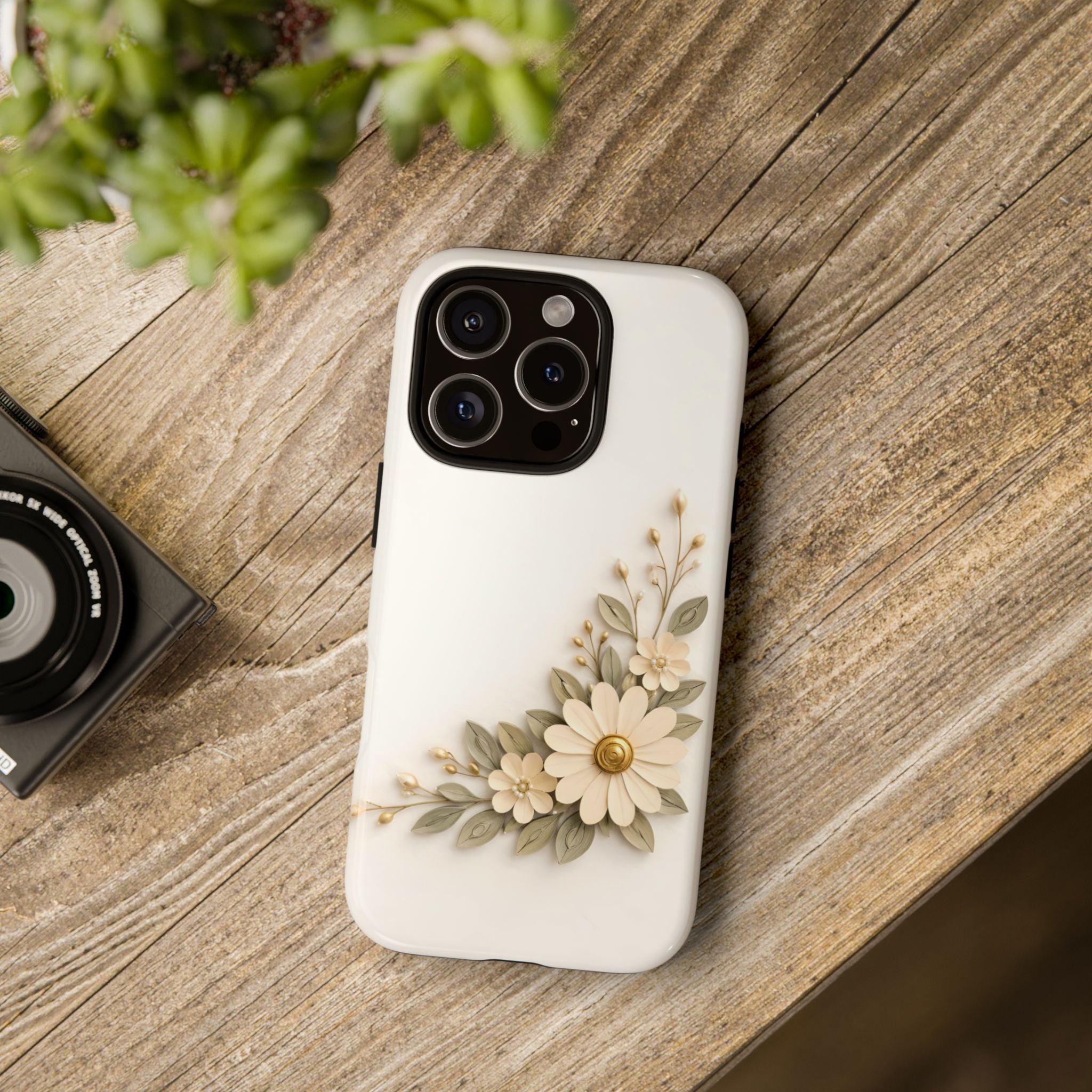Floral Daisies Tough Case — Protective Phone Case with Cream Vintage Flower Design