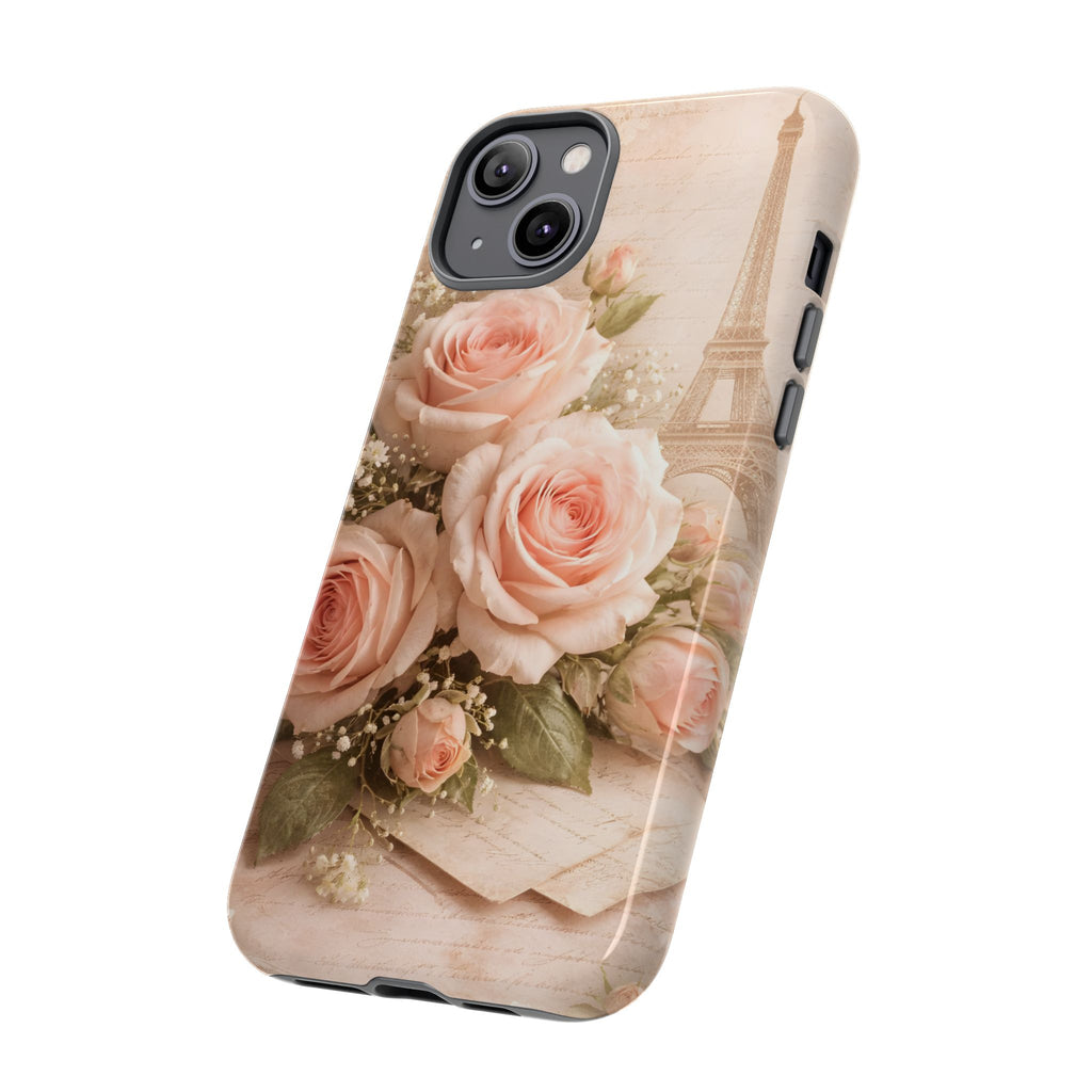 Vintage Parisian Rose Phone Case – Eiffel Tower Floral Aesthetic Luxury iPhone Case, Romantic Antique Paris Phone Cover