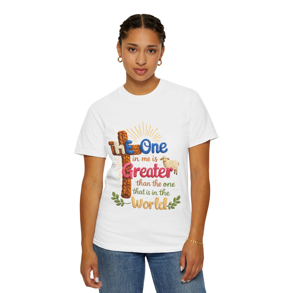 The One in Me Is Greater Shirt – Christian Crochet Style Graphic Tee, Faith Based Inspirational Bible Verse Shirt, Cute Religious Gift for Women