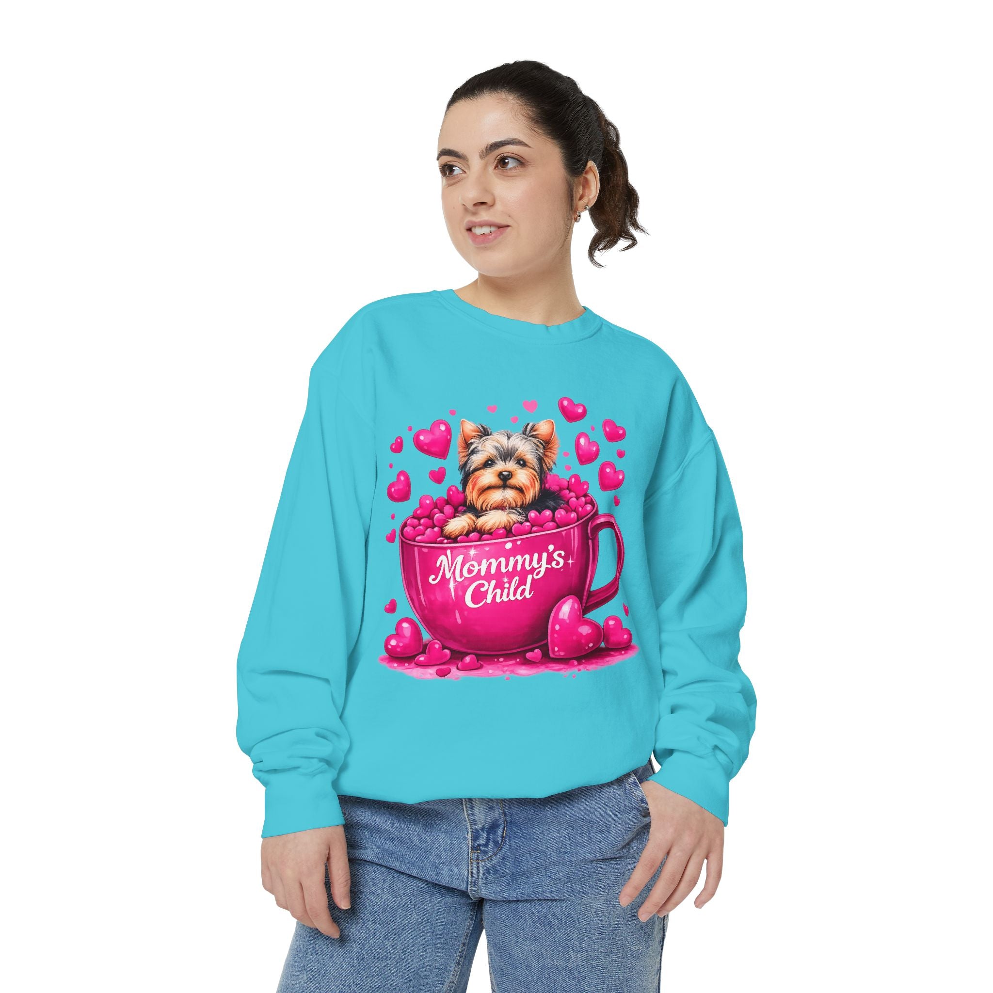 Mommy’s Child Yorkie Shirt – Cute Puppy in Mug Graphic Tee, Dog Lover Gift, Pink Heart Aesthetic, Yorkshire Terrier T-Shirt for Women