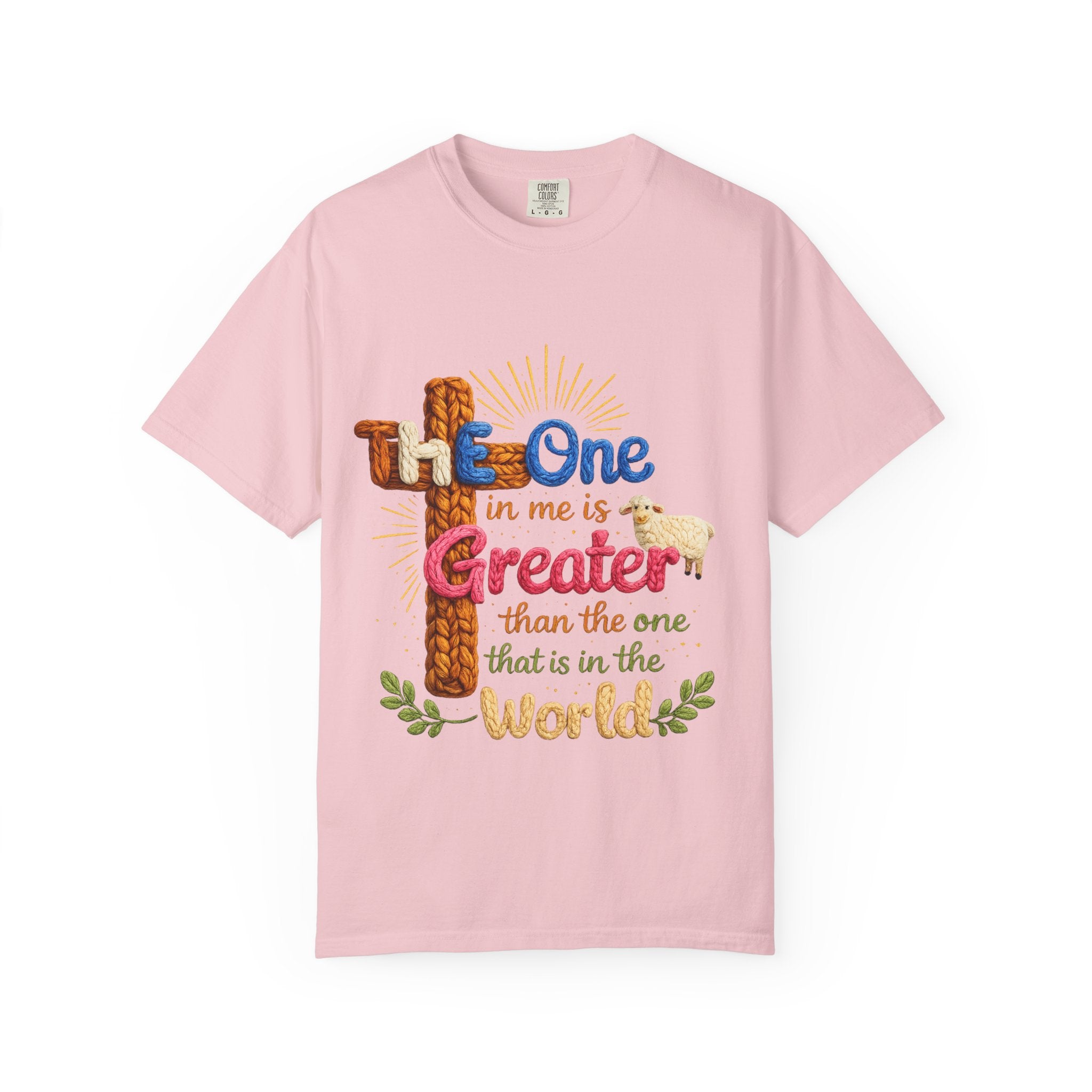 The One in Me Is Greater Shirt – Christian Crochet Style Graphic Tee, Faith Based Inspirational Bible Verse Shirt, Cute Religious Gift for Women