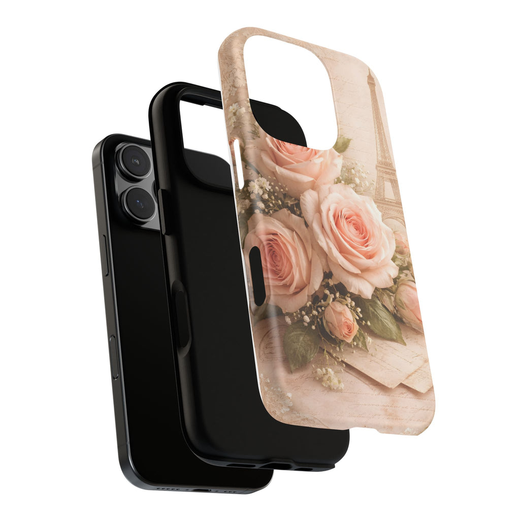 Vintage Parisian Rose Phone Case – Eiffel Tower Floral Aesthetic Luxury iPhone Case, Romantic Antique Paris Phone Cover