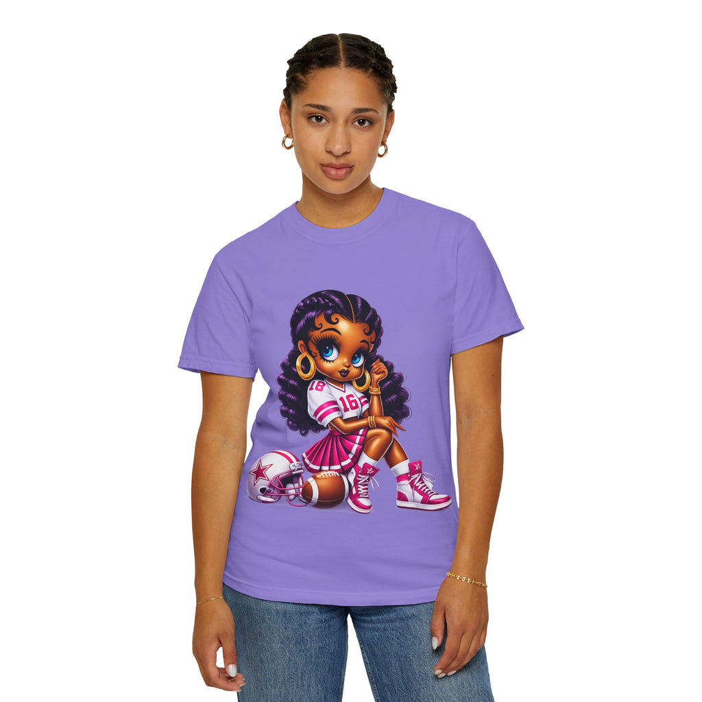 Fuchsia Football Girl Shirt – Cute Black Girl Sports Graphic Tee, Pink Cheerleader Outfit, Trendy Game Day Women’s Shirt, Girly Athlete T-Shirt