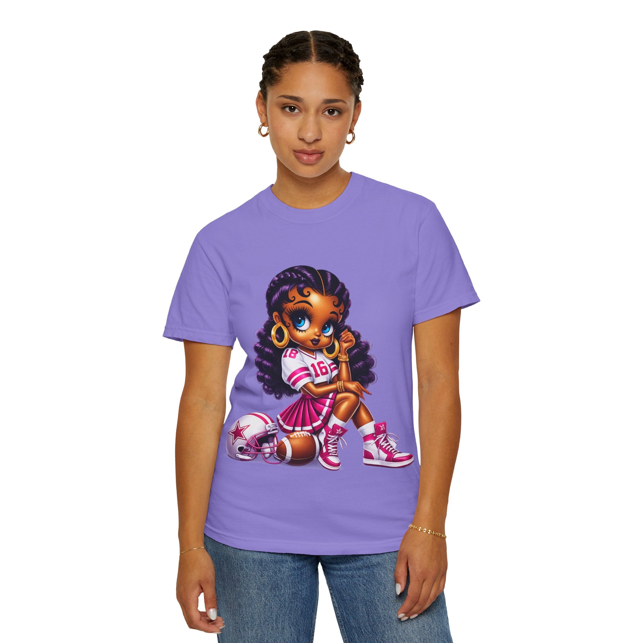 Fuchsia Football Girl Shirt – Cute Black Girl Sports Graphic Tee, Pink Cheerleader Outfit, Trendy Game Day Women’s Shirt, Girly Athlete T-Shirt