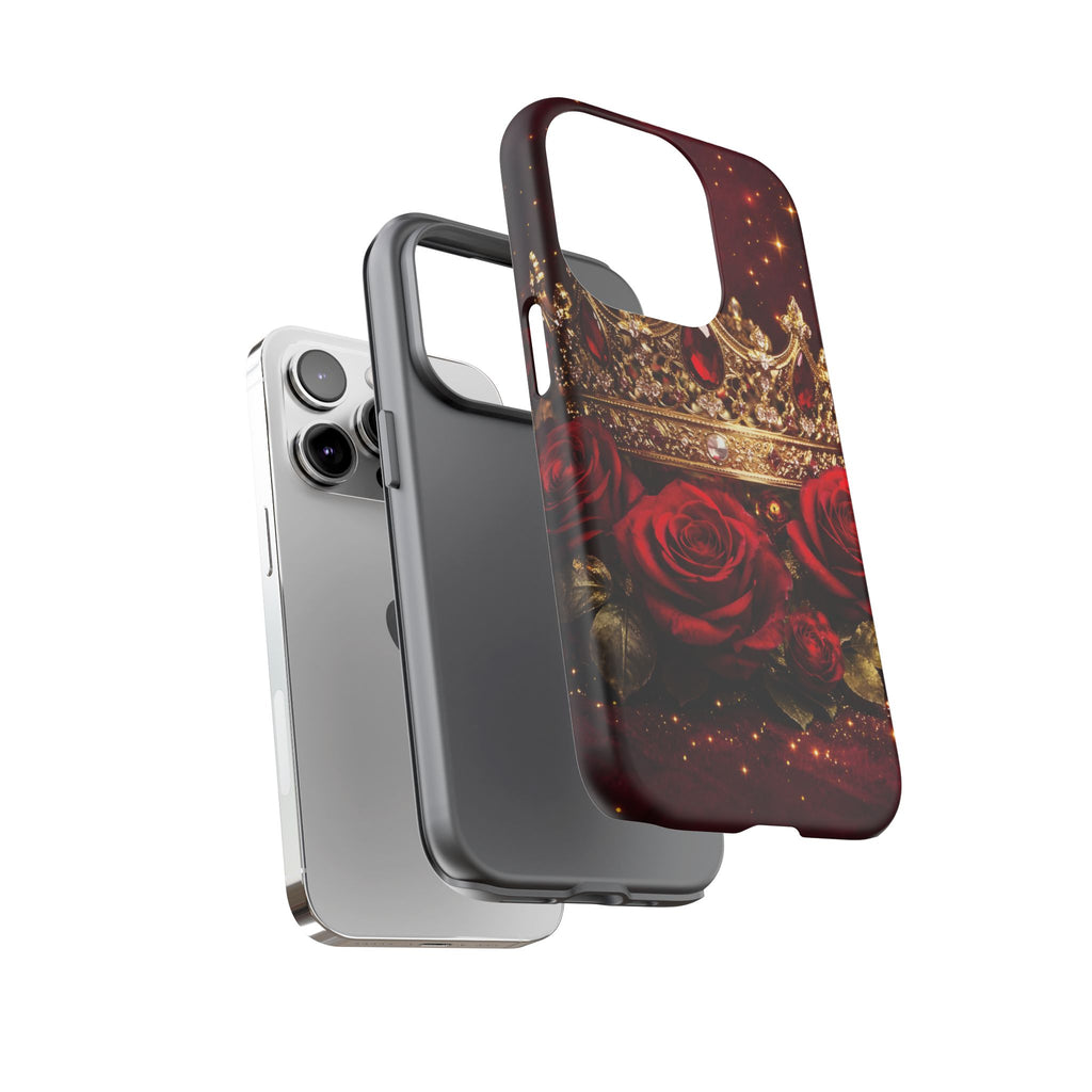 Royal Crown & Red Rose Luxury Phone Case – Gold Crown Burgundy Aesthetic iPhone Case, Regal Queen Floral Phone Cover