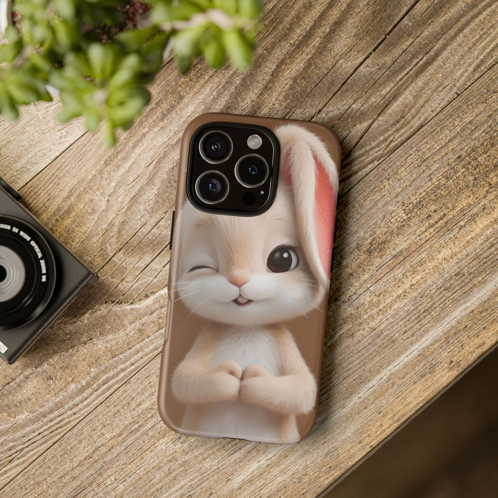 Adorable Kawaii Bunny Phone Case – Cute Winking Rabbit Aesthetic Case – Soft Pastel Bunny Cover – Gift for Bunny Lovers.