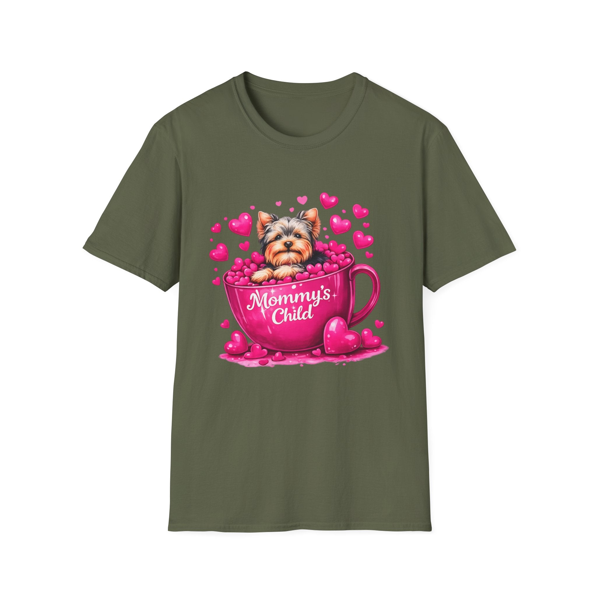 Mommy’s Child Yorkie Shirt – Cute Puppy in Mug Graphic Tee, Dog Lover Gift, Pink Heart Aesthetic, Yorkshire Terrier T-Shirt for Women