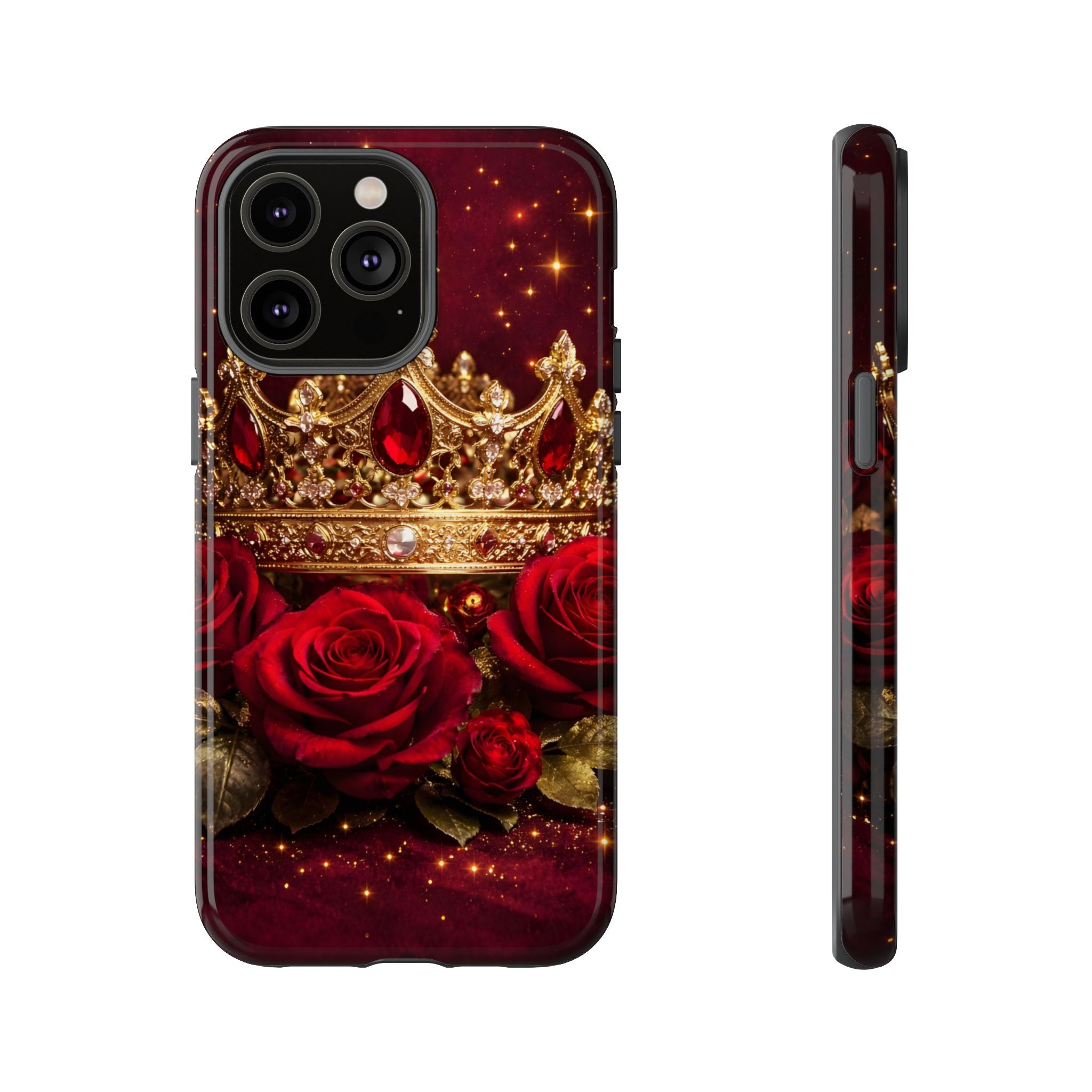 Royal Crown & Red Rose Luxury Phone Case – Gold Crown Burgundy Aesthetic iPhone Case, Regal Queen Floral Phone Cover