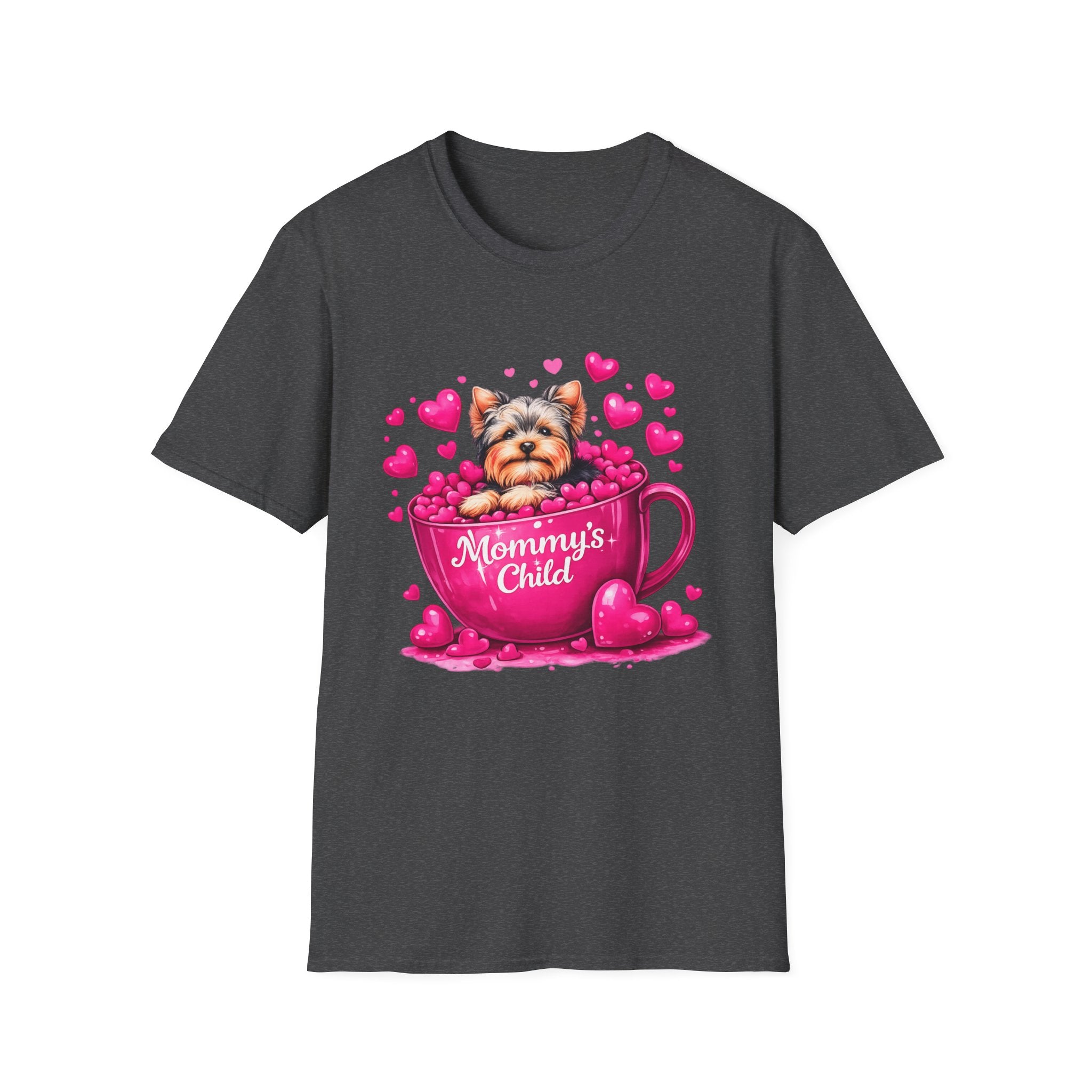 Mommy’s Child Yorkie Shirt – Cute Puppy in Mug Graphic Tee, Dog Lover Gift, Pink Heart Aesthetic, Yorkshire Terrier T-Shirt for Women