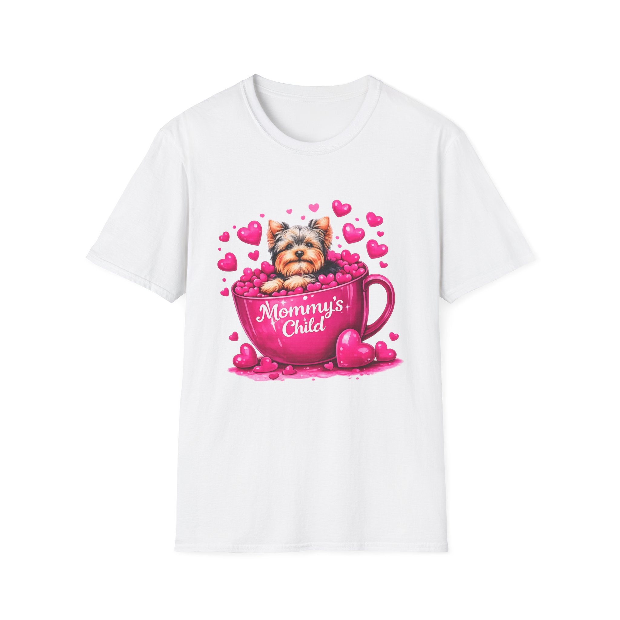 Mommy’s Child Yorkie Shirt – Cute Puppy in Mug Graphic Tee, Dog Lover Gift, Pink Heart Aesthetic, Yorkshire Terrier T-Shirt for Women