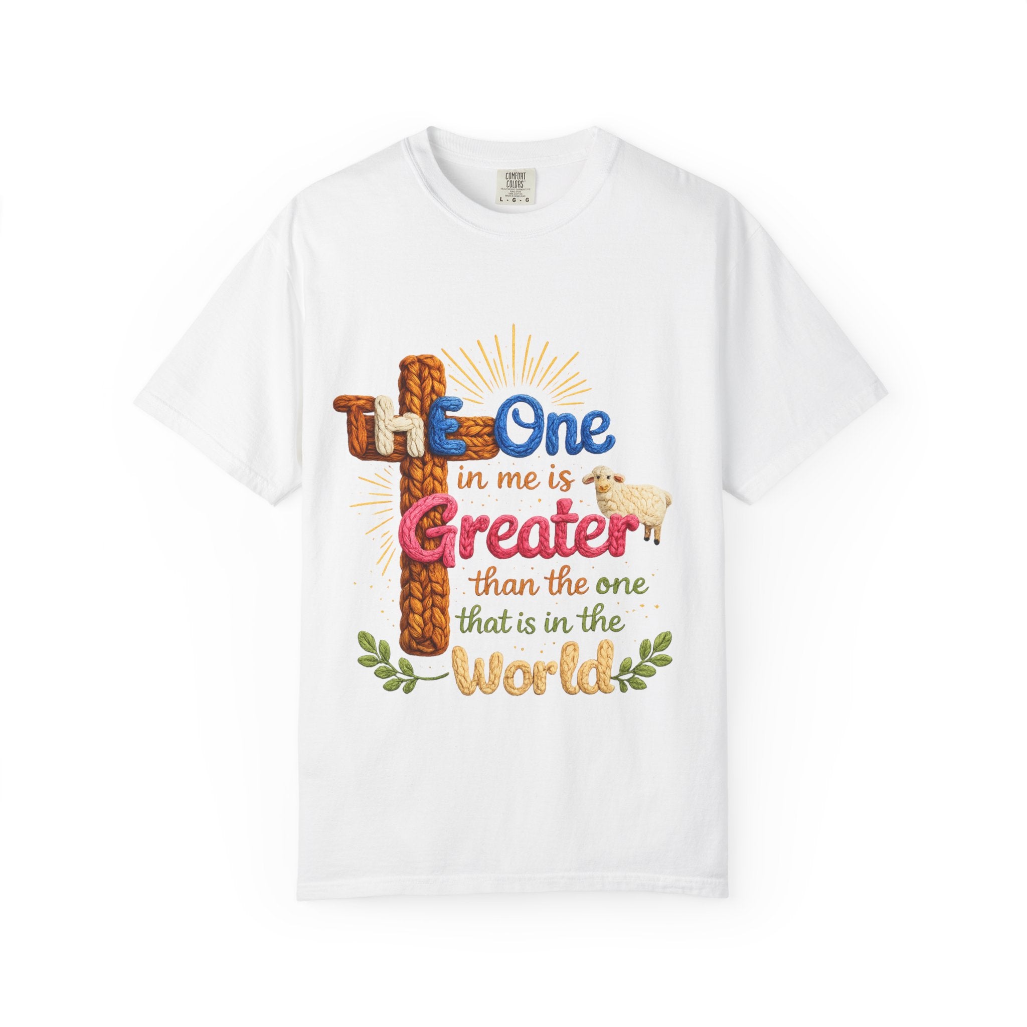 The One in Me Is Greater Shirt – Christian Crochet Style Graphic Tee, Faith Based Inspirational Bible Verse Shirt, Cute Religious Gift for Women
