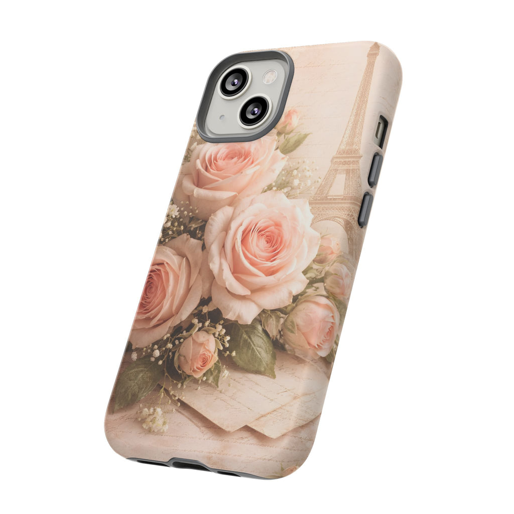 Vintage Parisian Rose Phone Case – Eiffel Tower Floral Aesthetic Luxury iPhone Case, Romantic Antique Paris Phone Cover